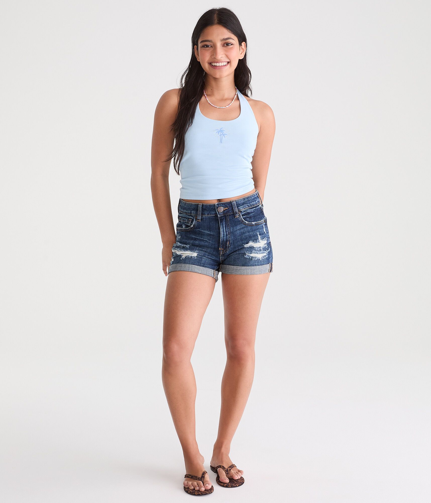 High-Rise Denim Midi Shorts