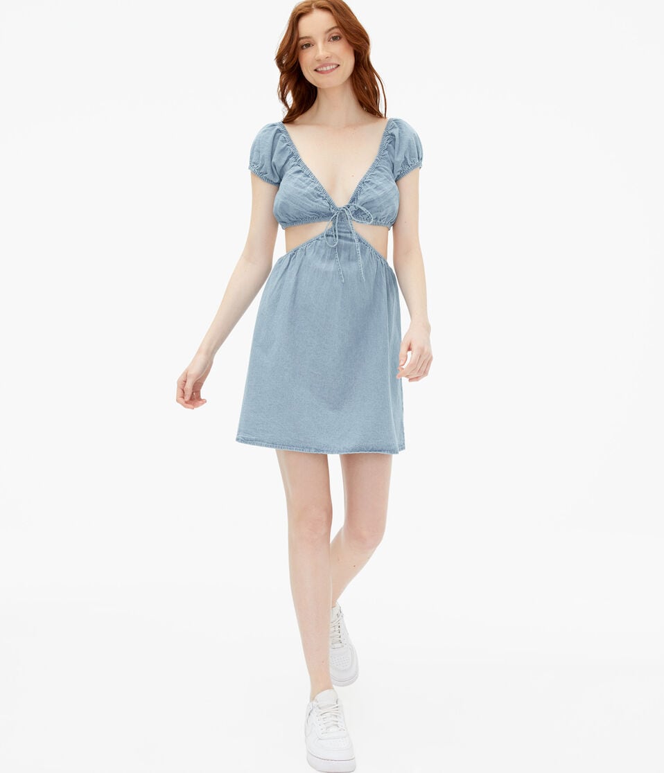 Denim V-Neck Cutout A-Line Mini Dress Denim V-Neck Cutout A-Line Mini Dress