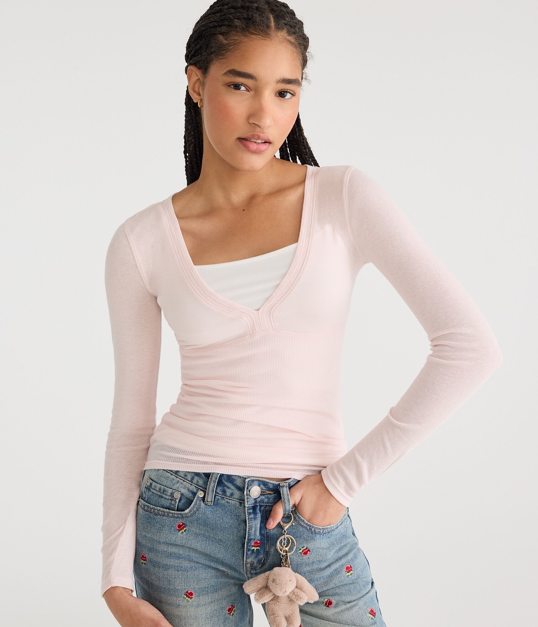 Long Sleeve Ribbed V-Neck Tee