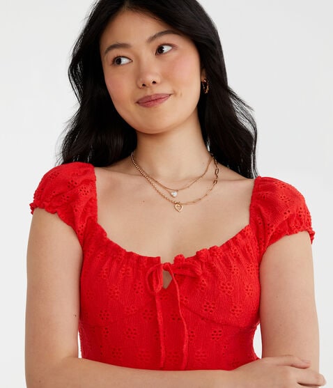 Solid Scoop-Neck Eyelet Empire Mini Dress