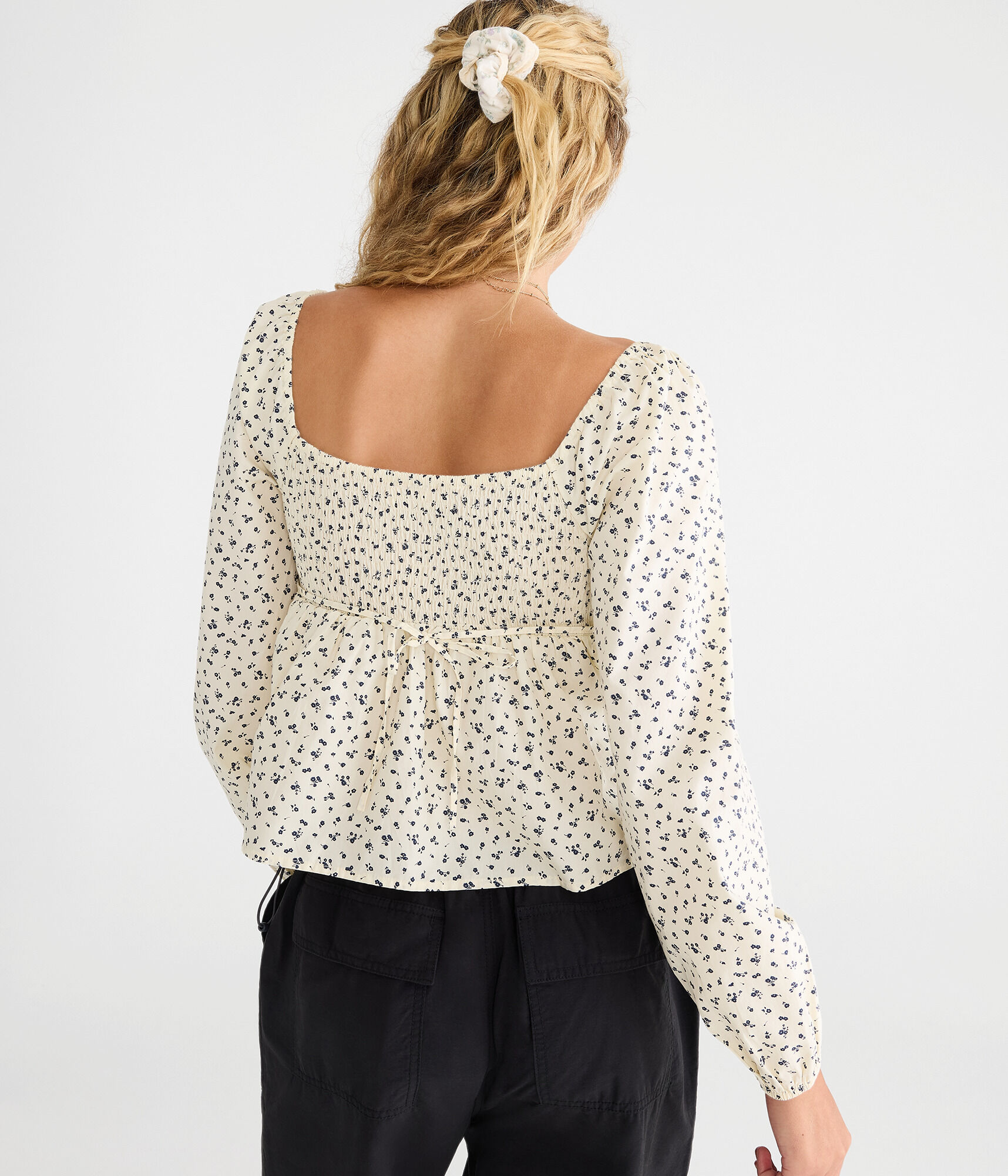 Long Sleeve Floral Pleated Babydoll Top