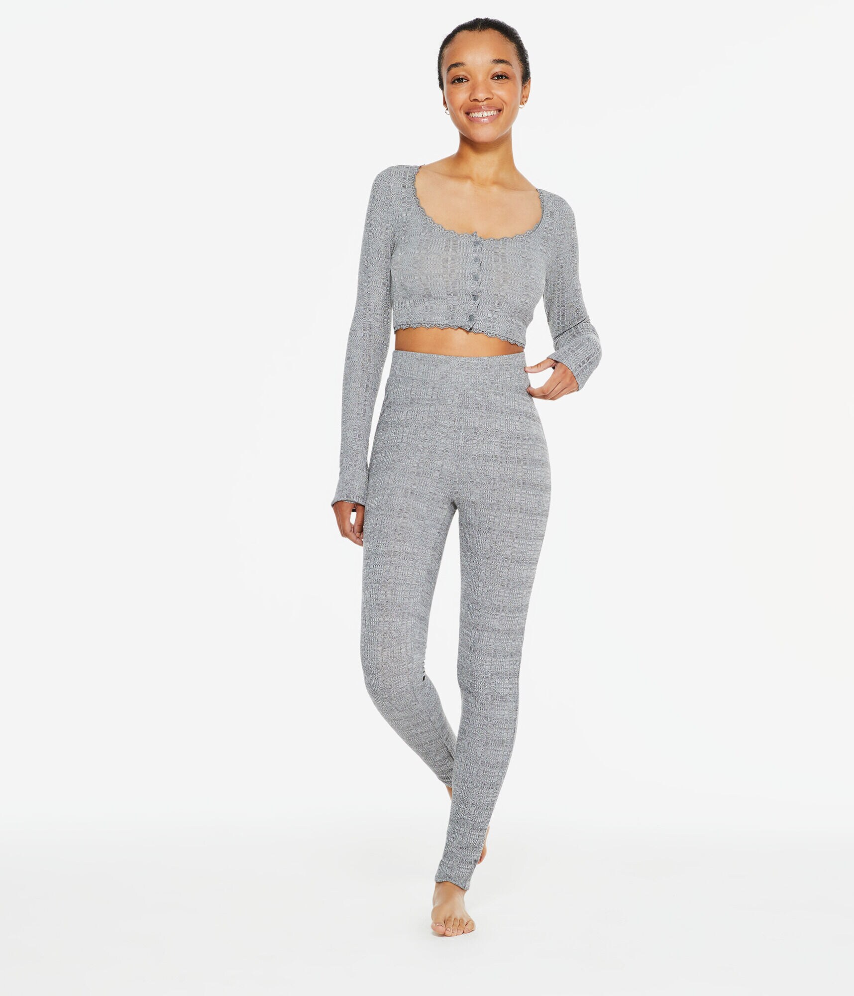 Long Sleeve Ribbed Lace-Trim Cropped Sleep Top