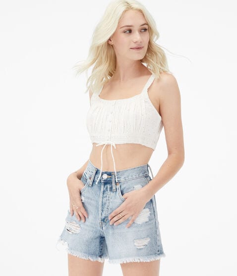 Eyelet Button-Front Cropped Bubble Top