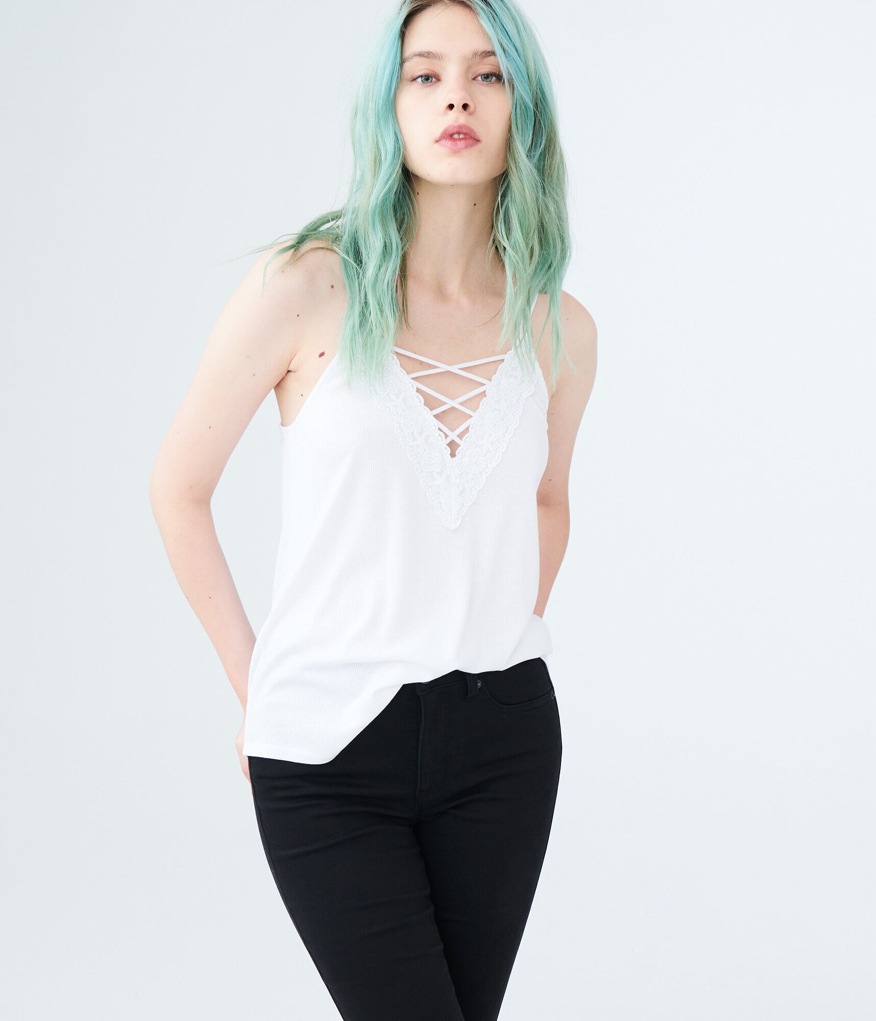 Solid Lace-Up V-Neck Tank