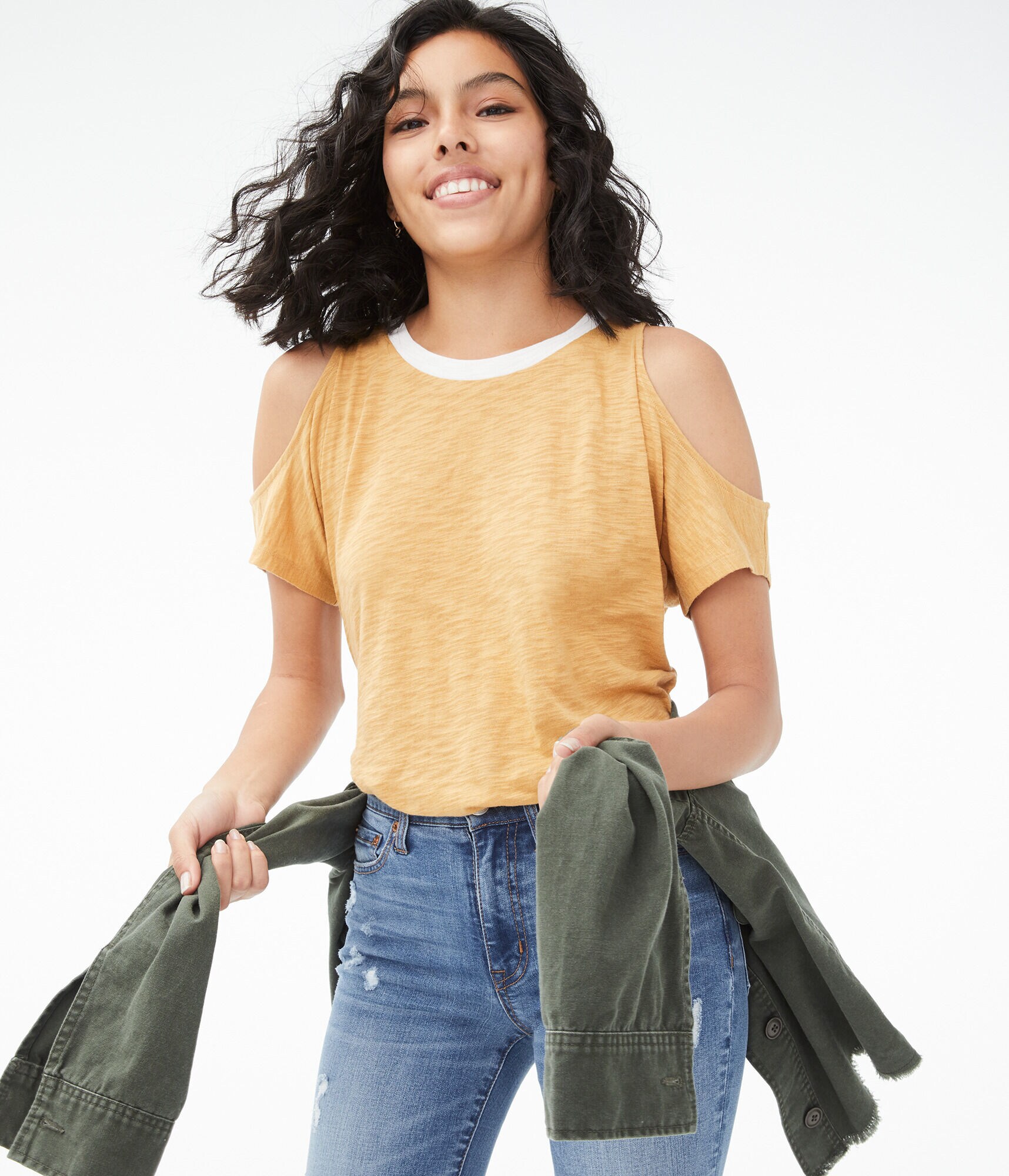 Ringer Cold-Shoulder Crew Tee
