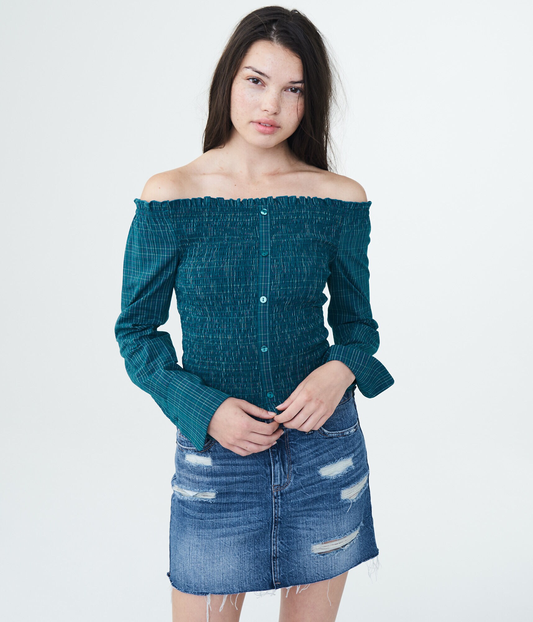 Long Sleeve Plaid Smocked Off-The-Shoulder Top