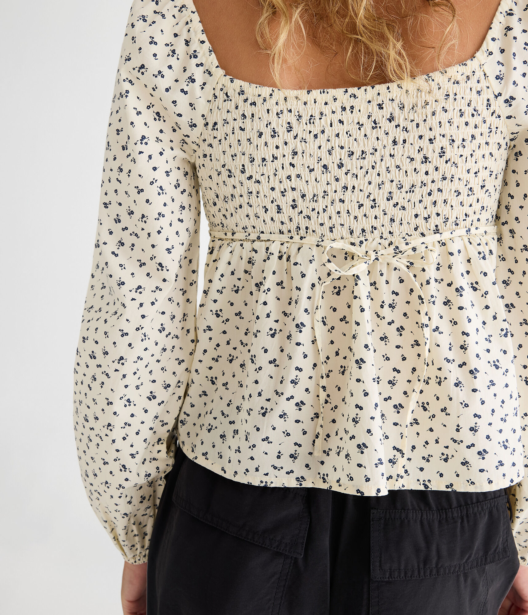 Long Sleeve Floral Pleated Babydoll Top