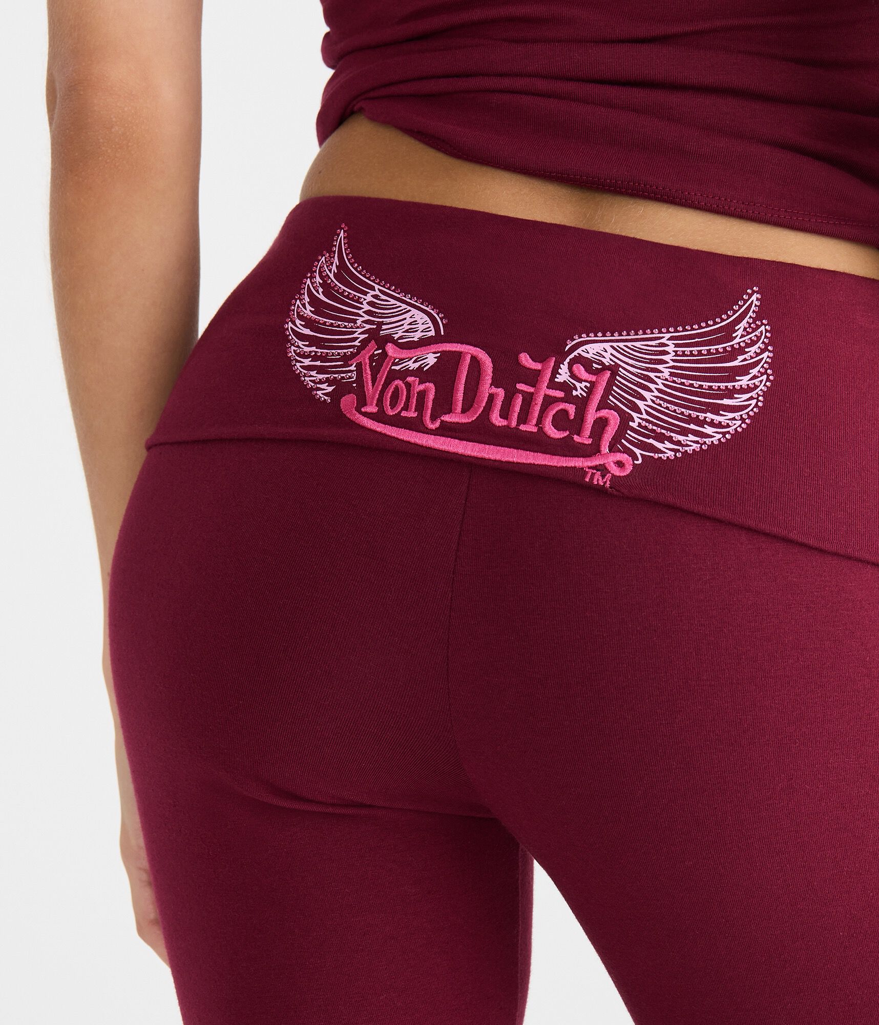 Von Dutch Winged Logo Mid-Rise Fold-Over Bootcut Pants