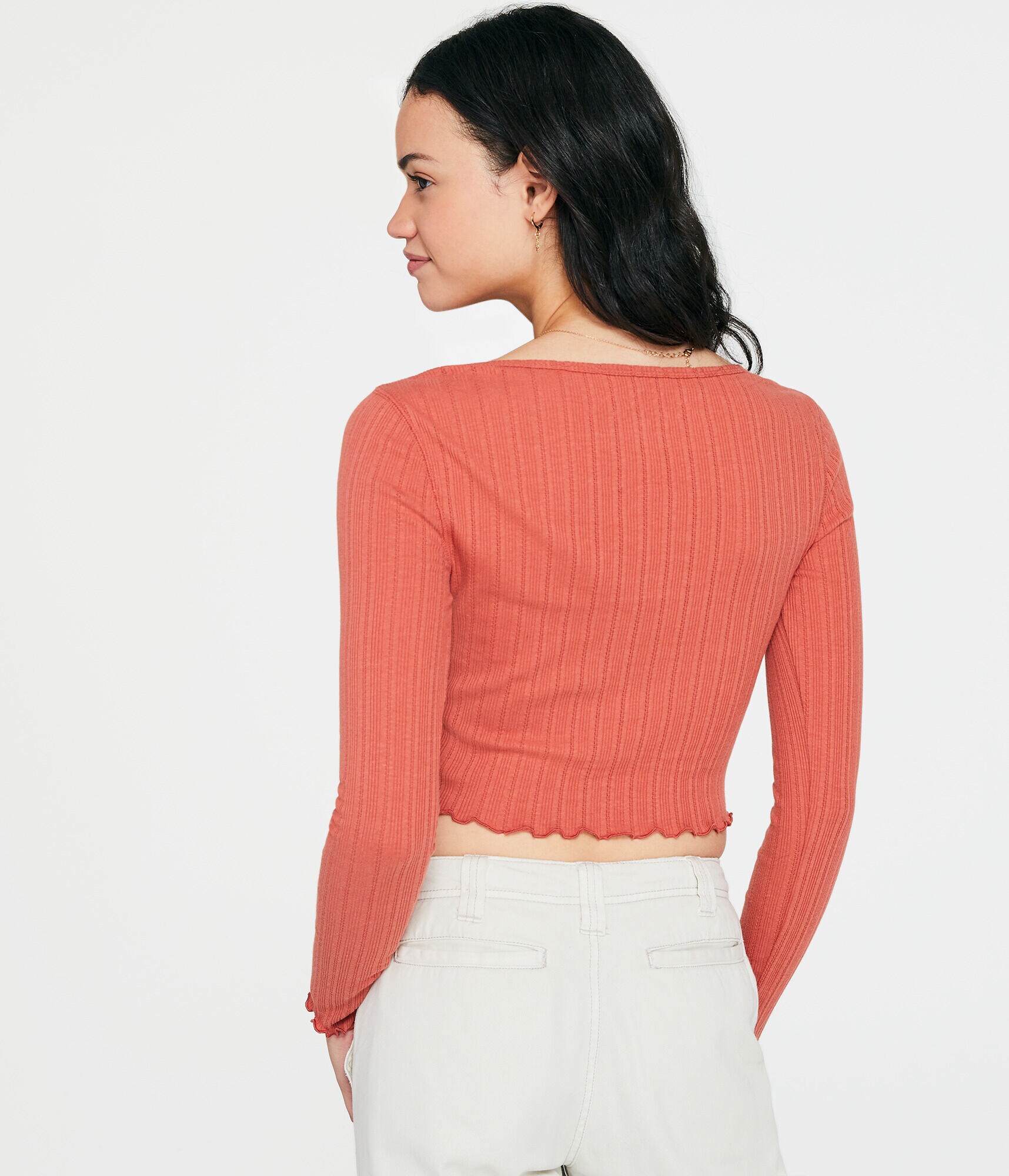 Long Sleeve Notch-Neck Cropped Shrunken Tee