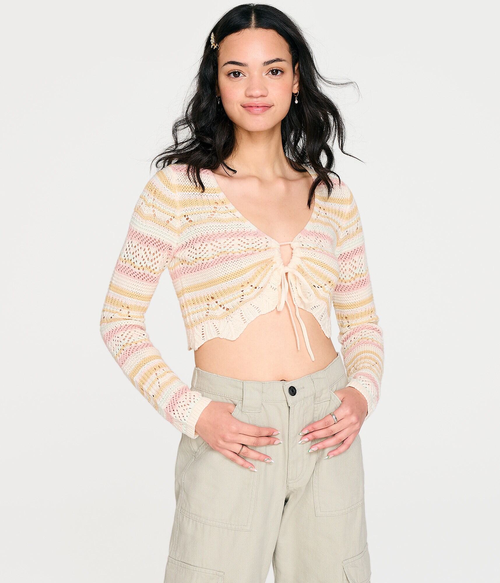 Long Sleeve Striped Keyhole Pointelle Crop Top