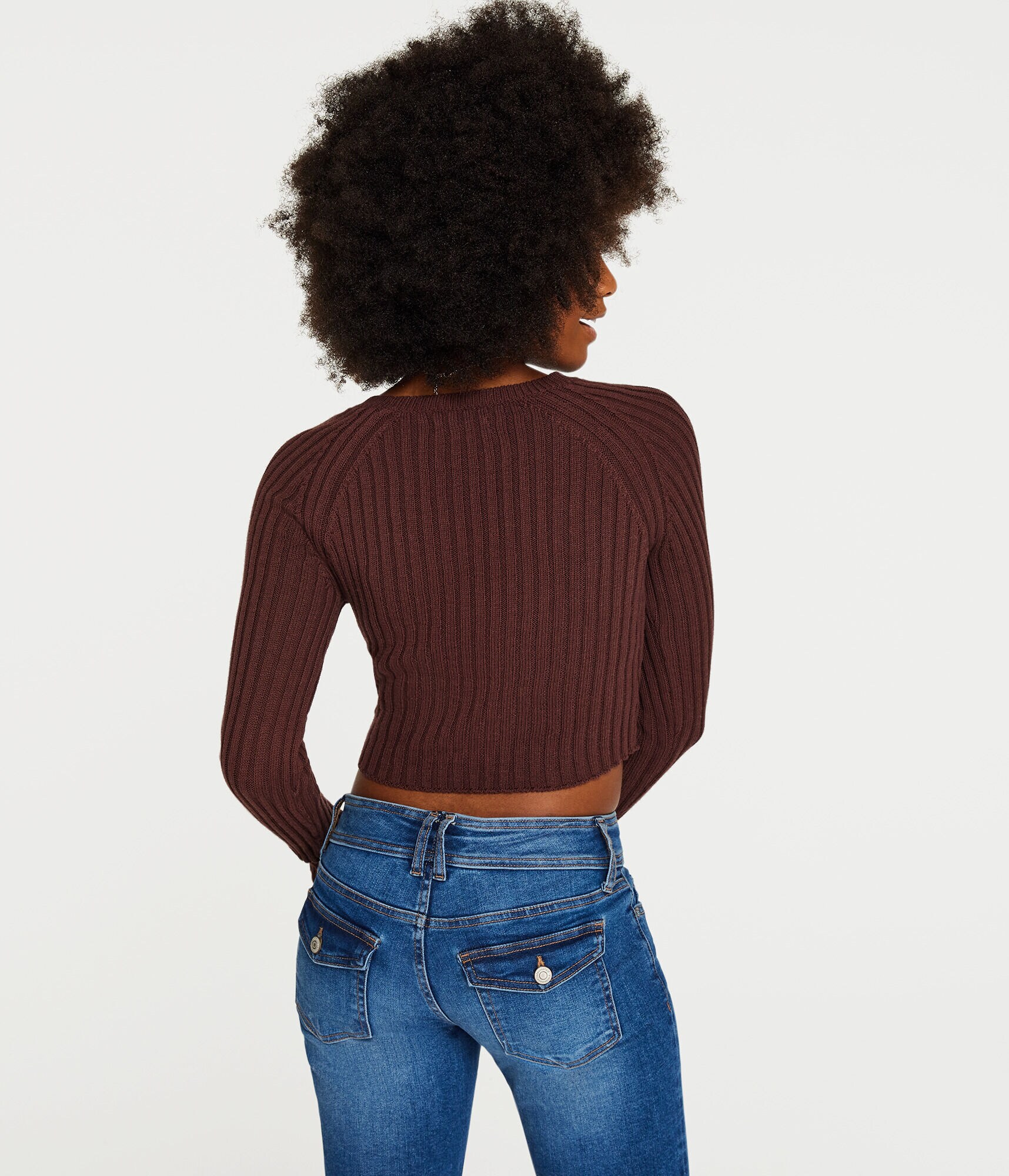 Ribbed Cutout Cropped Crew Sweater