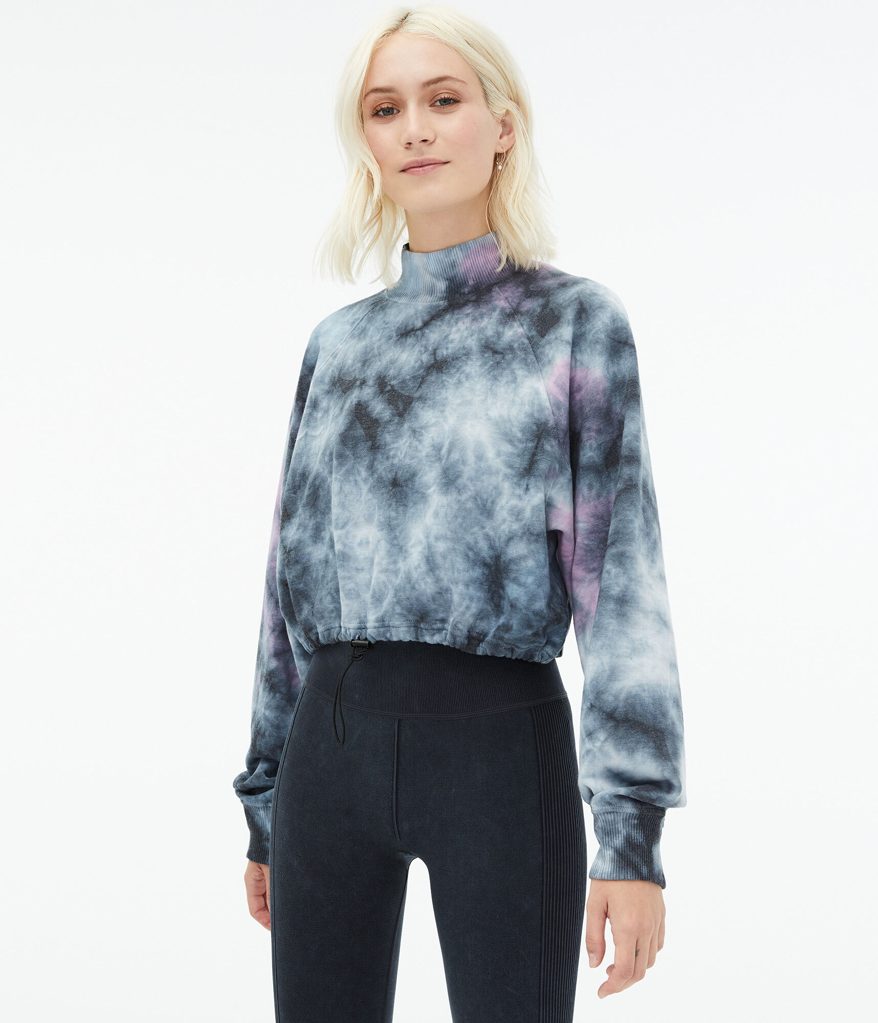 Tie-Dye Cinched Cropped Mock-Neck Sweatshirt