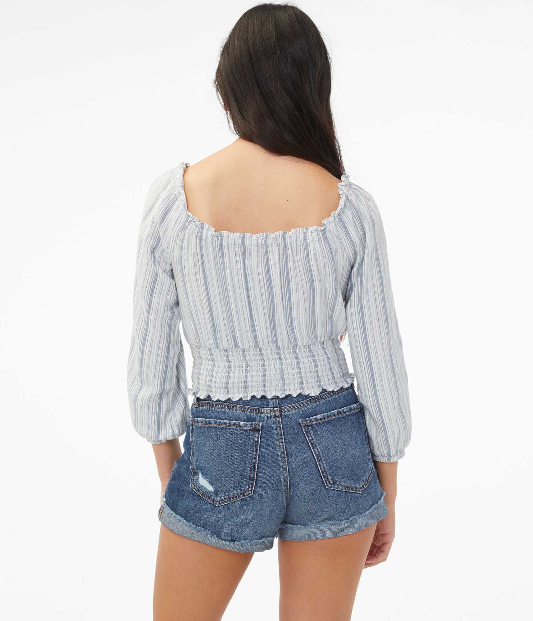 Long Sleeve Striped Smocked Crop Top