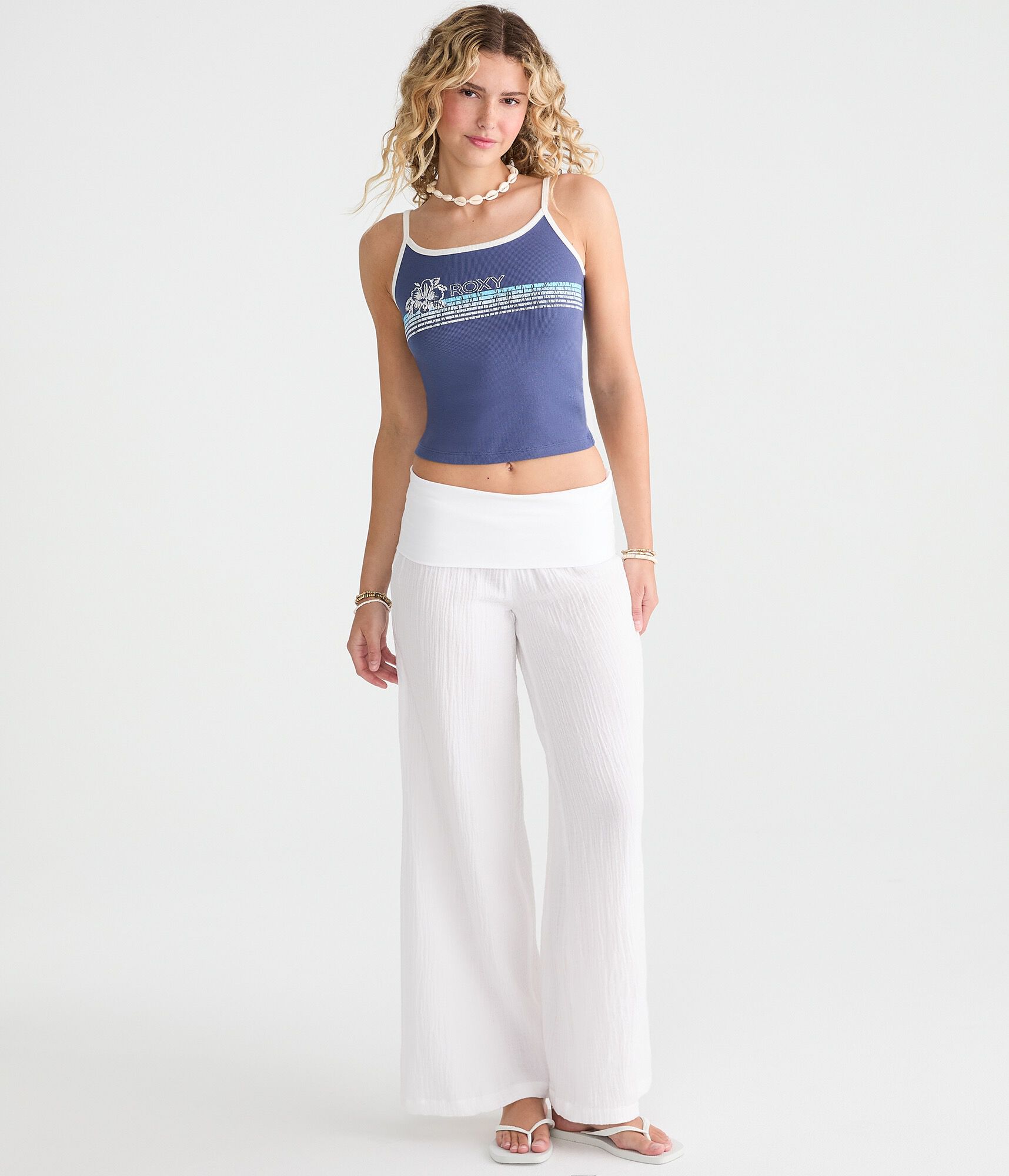 Low-Rise Gauze Fold-Over Wide Leg Pants