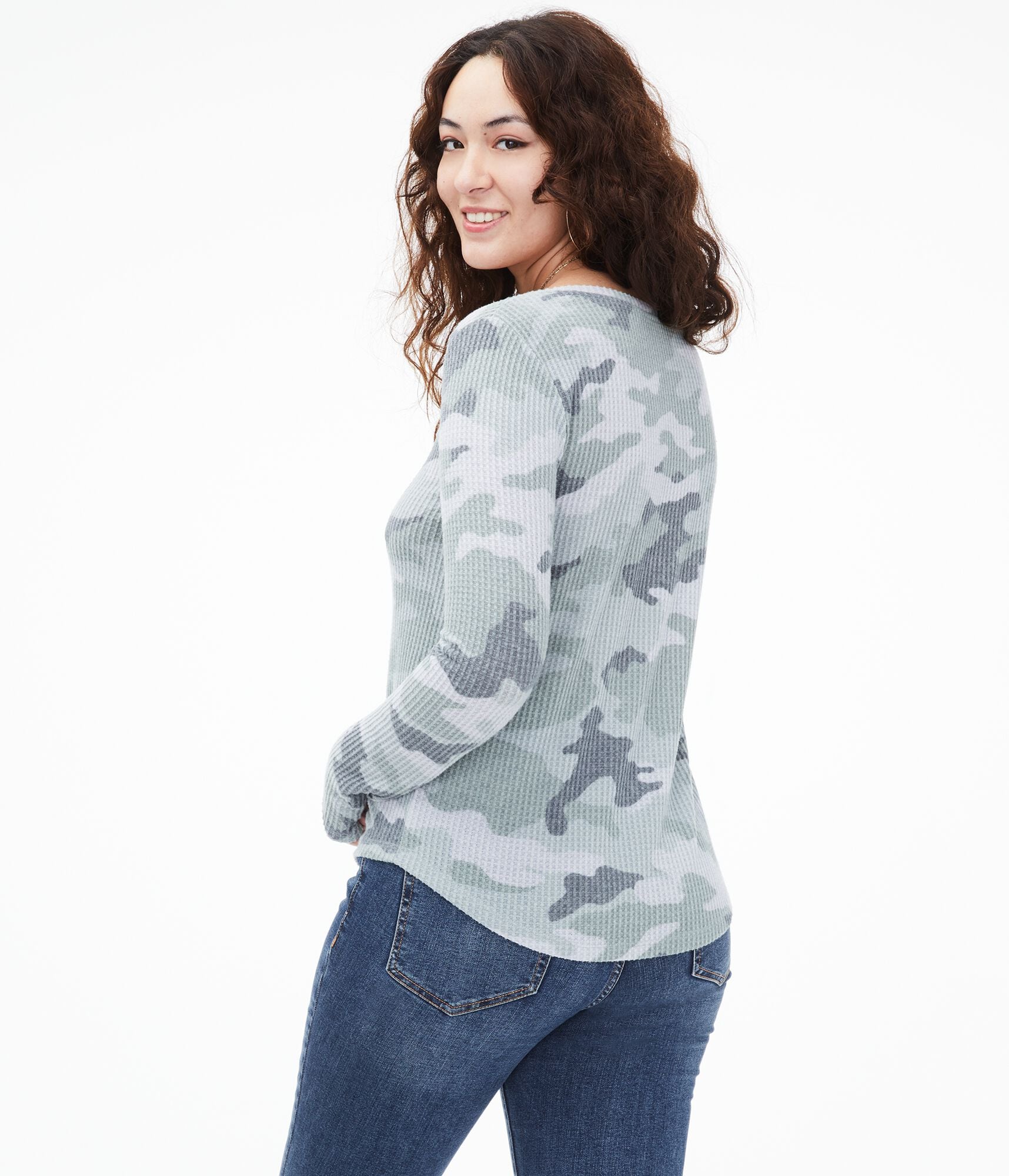 Long Sleeve Camo Waffle-Knit V-Neck Tee