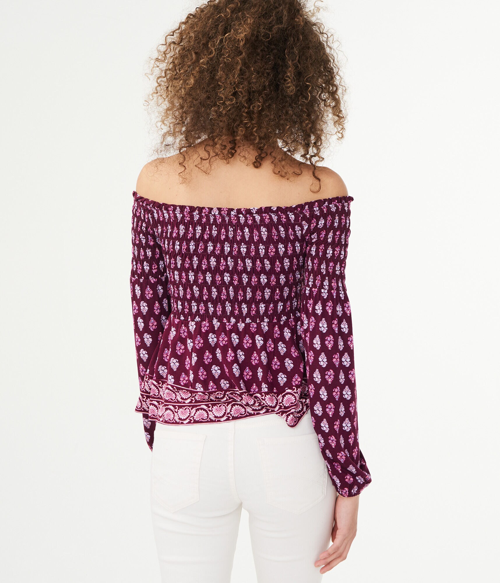 Long Sleeve Paisley Flower Smocked Off-The-Shoulder Top