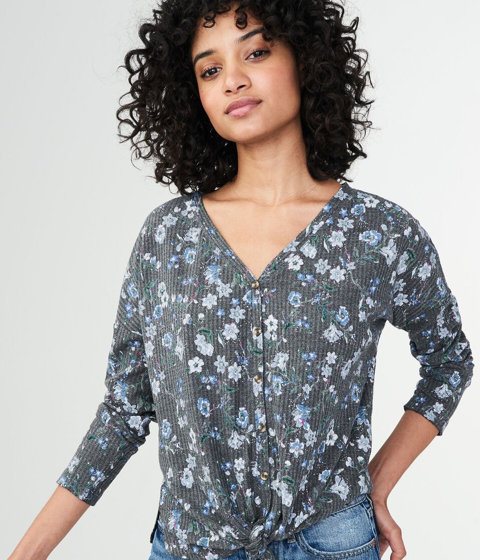Long Sleeve Floral Waffle-Knit Top