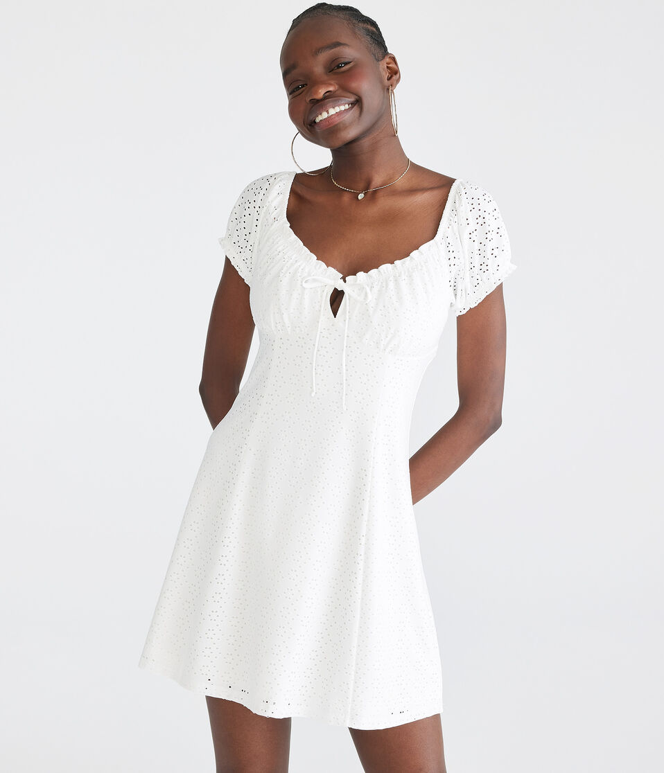Solid Scoop-Neck Eyelet Fit & Flare Dress