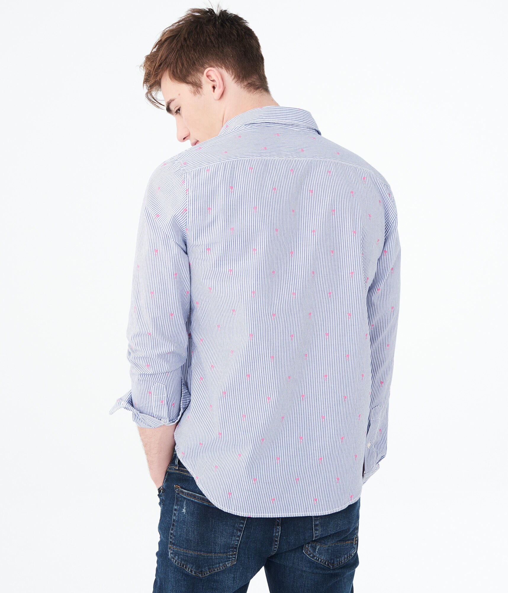 Long Sleeve Palm Tree Striped Woven Shirt