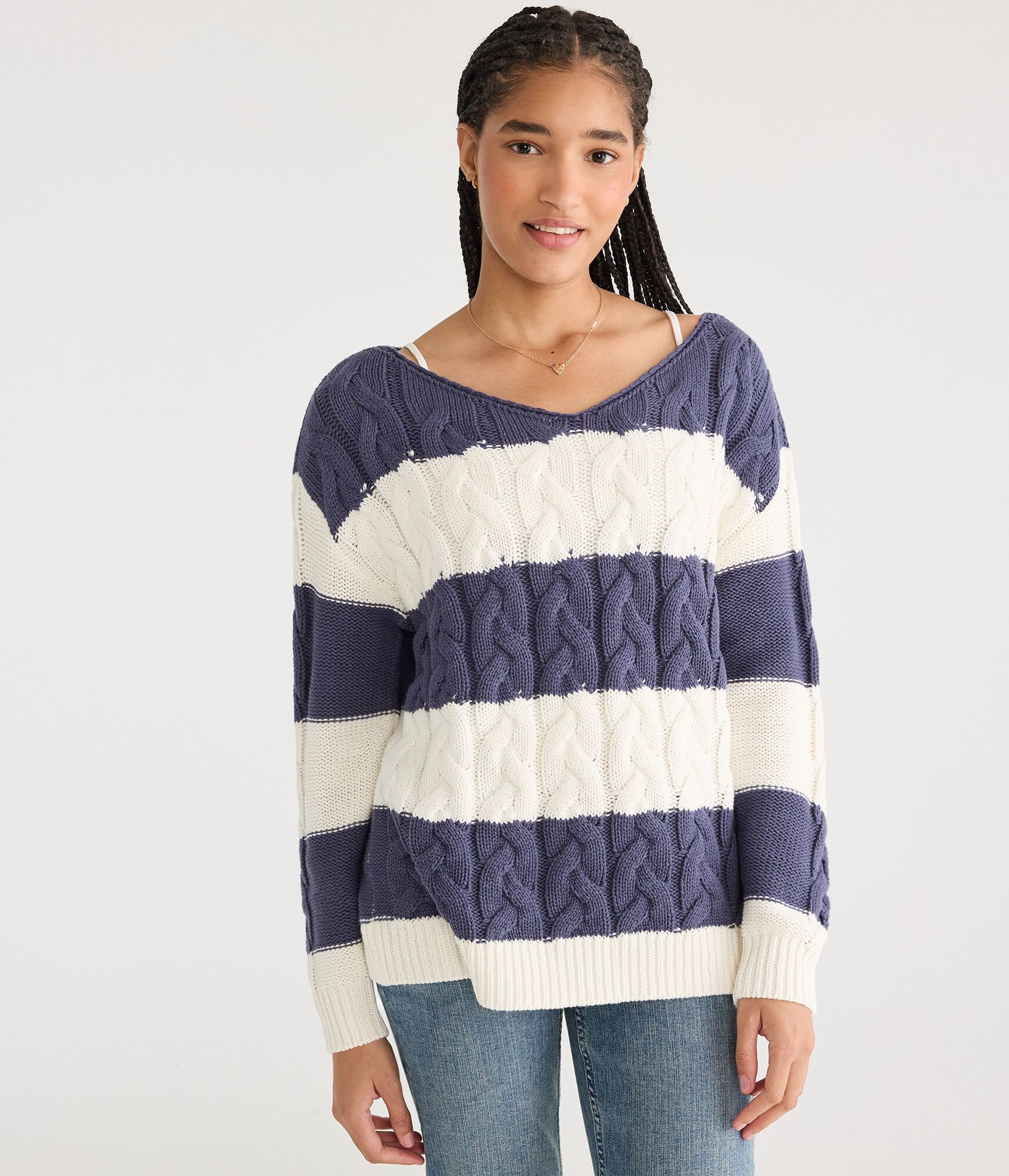 Striped Slouchy Cable V-Neck Sweater