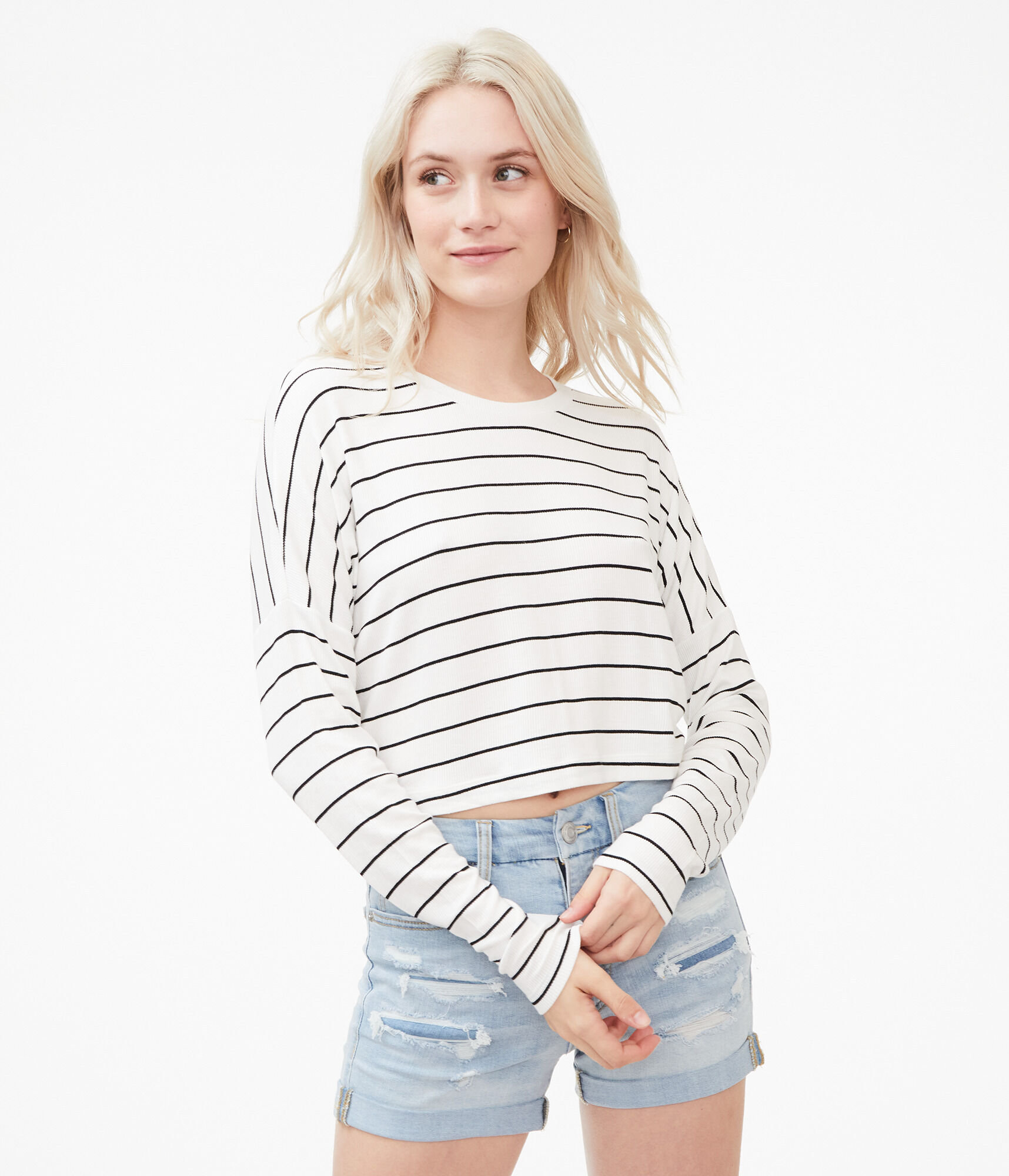 Long Sleeve Striped Cropped Dolman Slouchy Tee