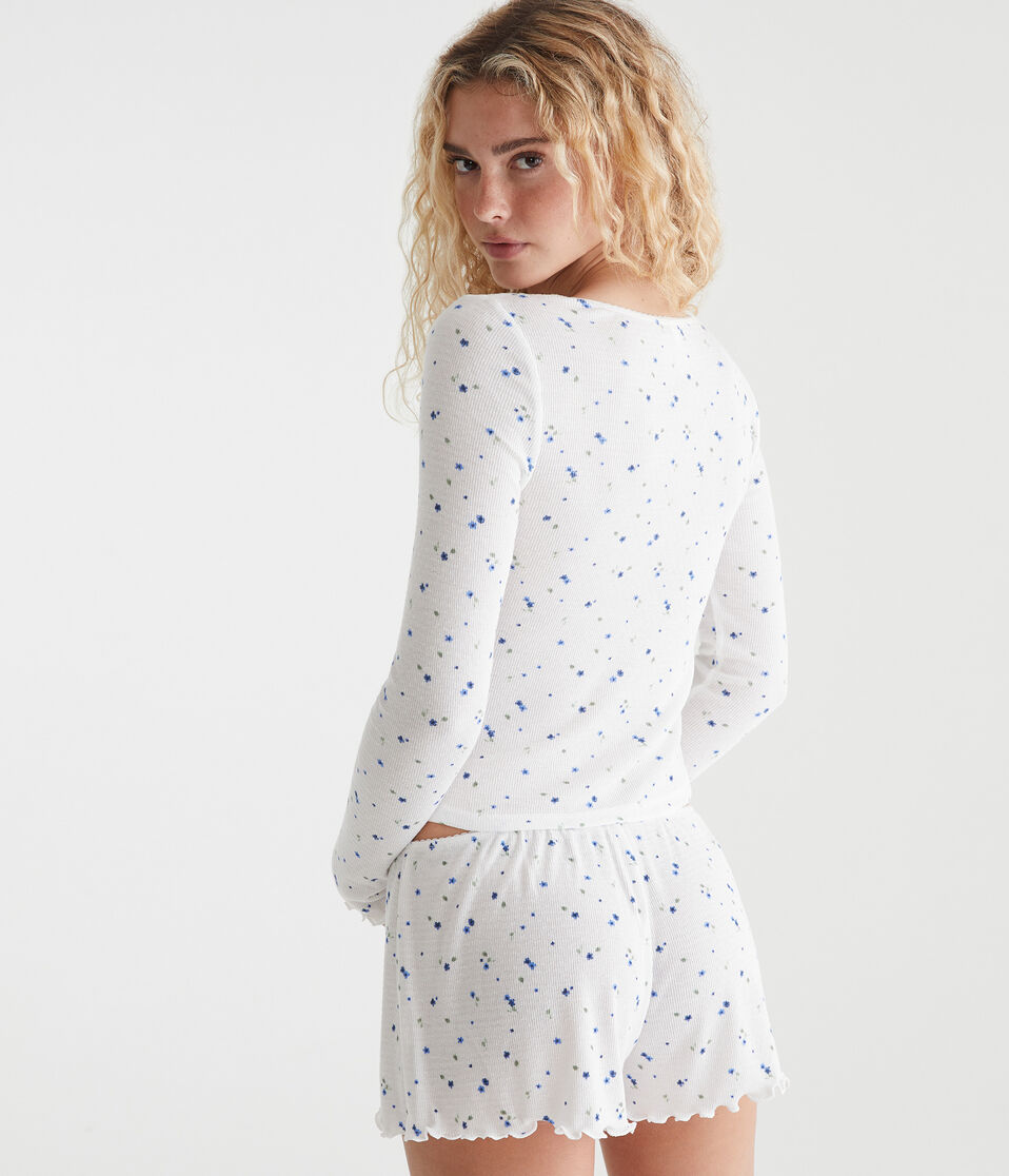 Long Sleeve Printed Cropped Scoop-Neck Sleep Tee