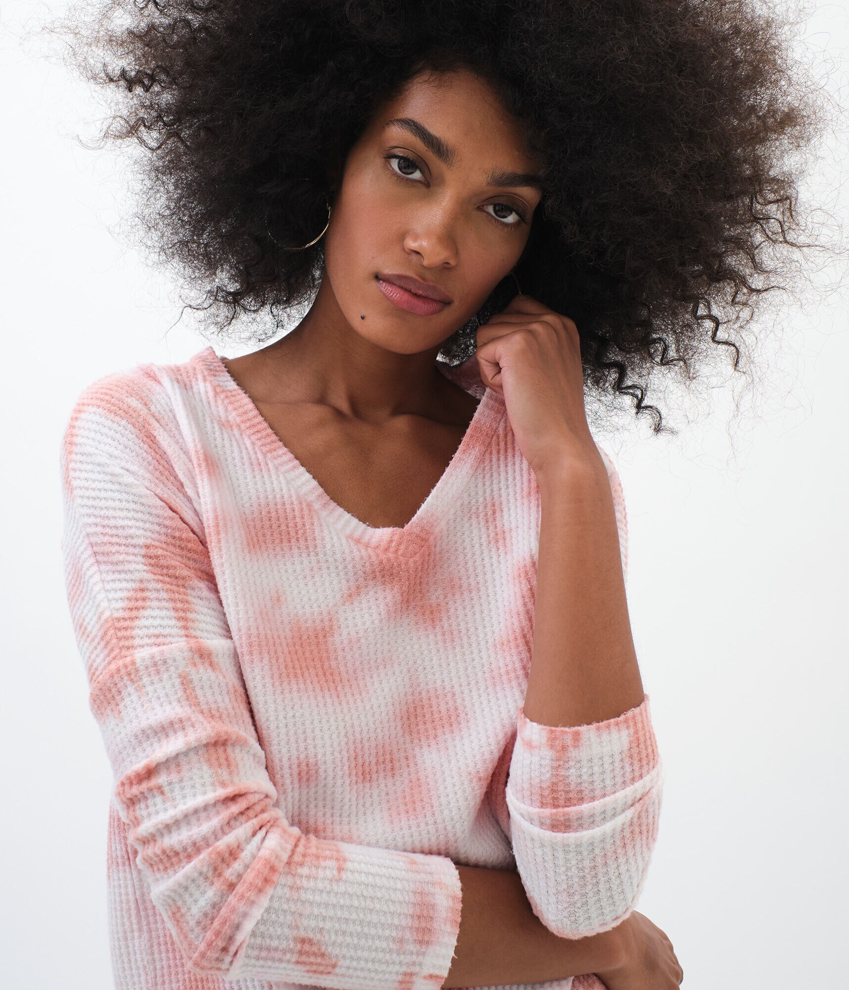 Long Sleeve Tie-Dye Waffle-Knit V-Neck Tee