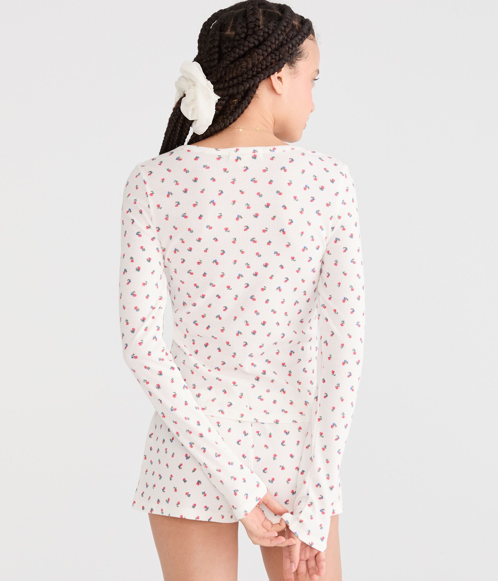 Long Sleeve Floral Waffle Henley Sleep Tee