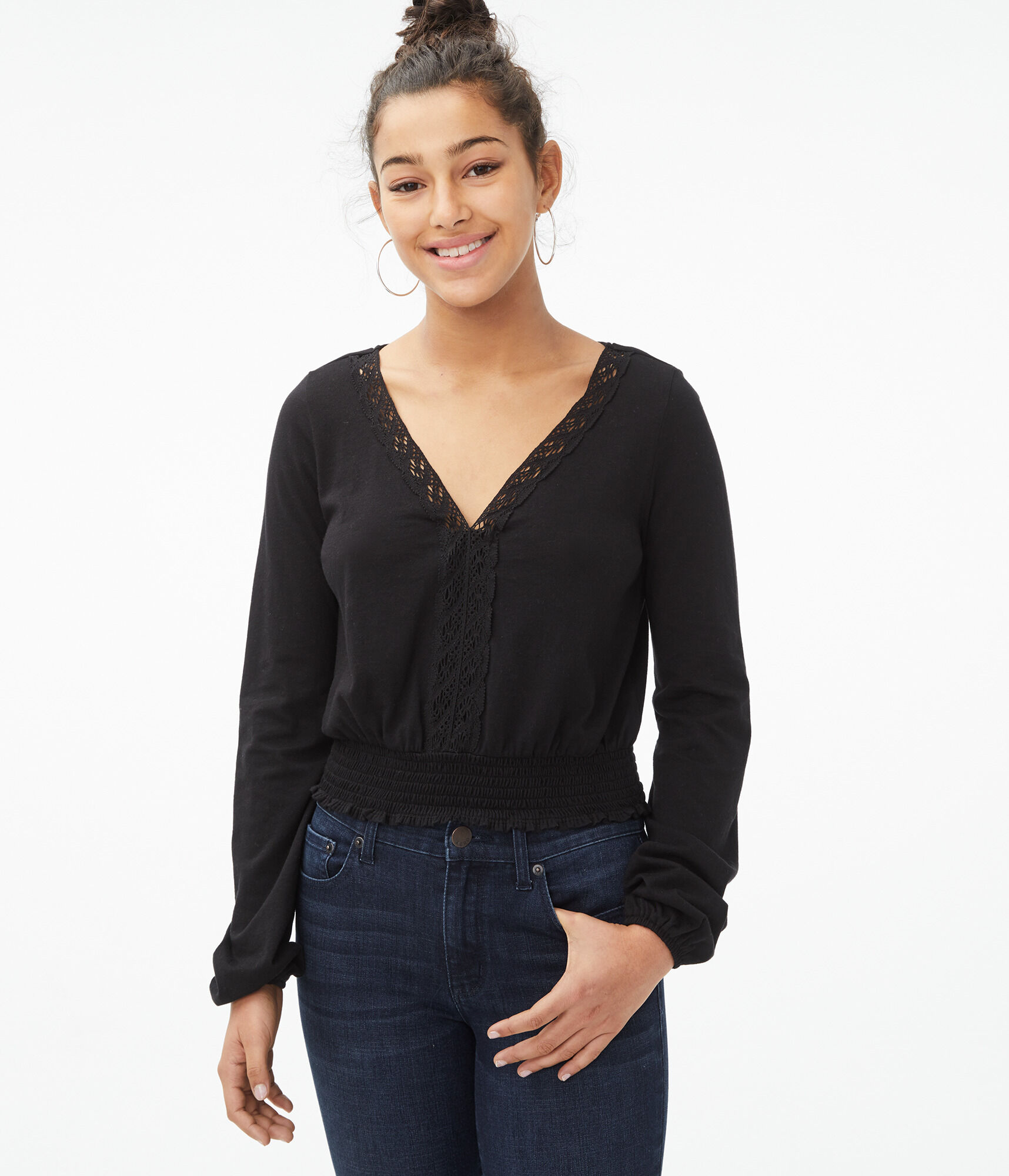 Long Sleeve Seriously Soft Lace V-Neck Peasant Top
