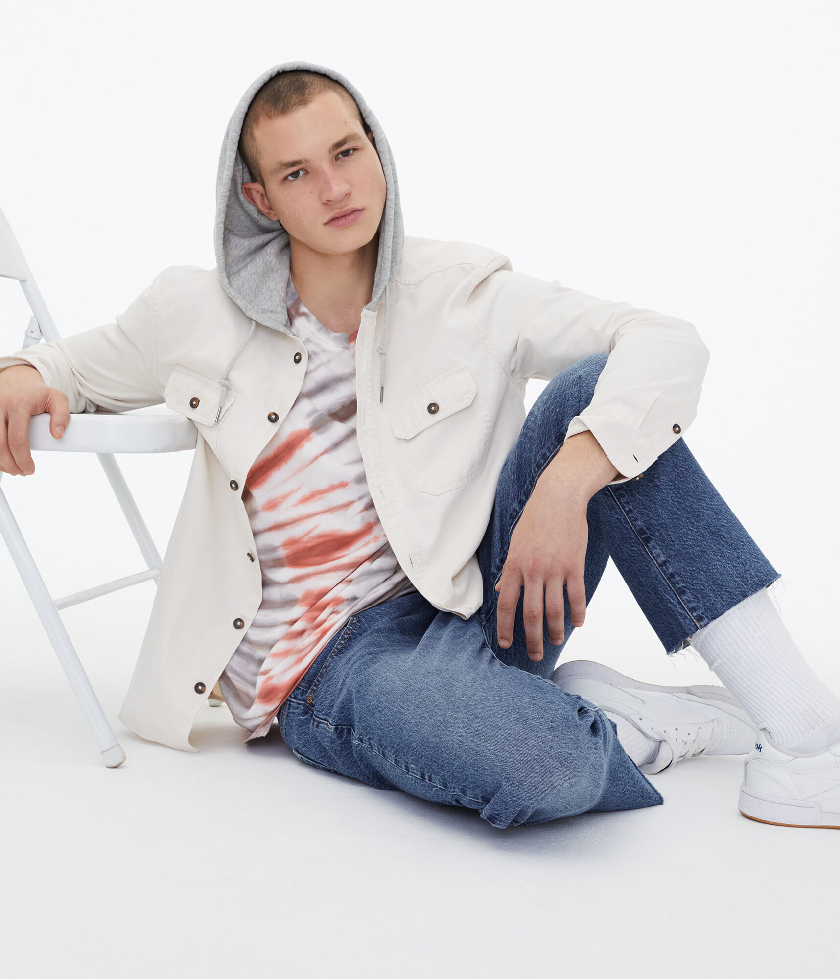 Long Sleeve Hooded Twill Button-Down Shirt