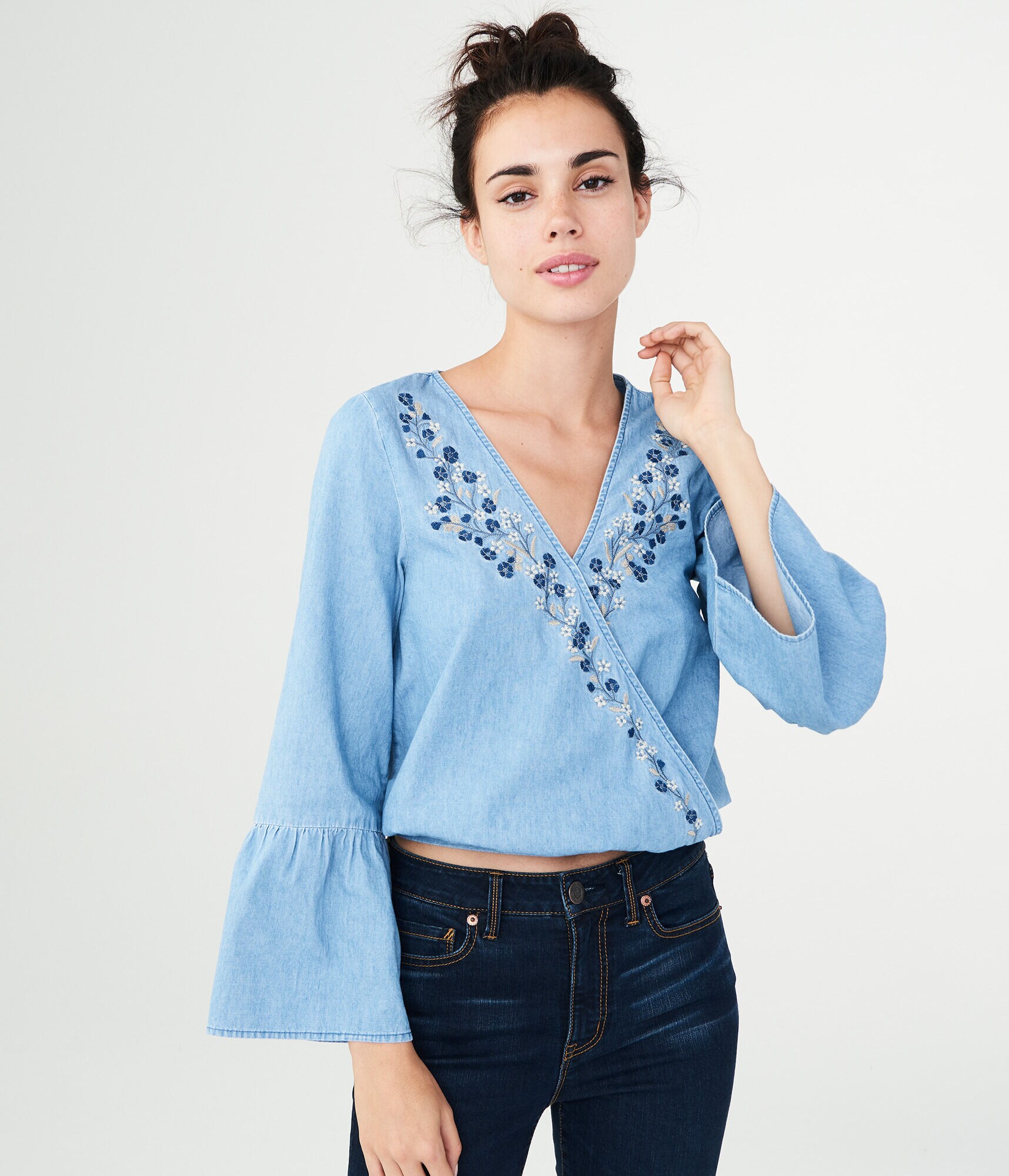 Long Sleeve Embroidered Wrap-Front Top