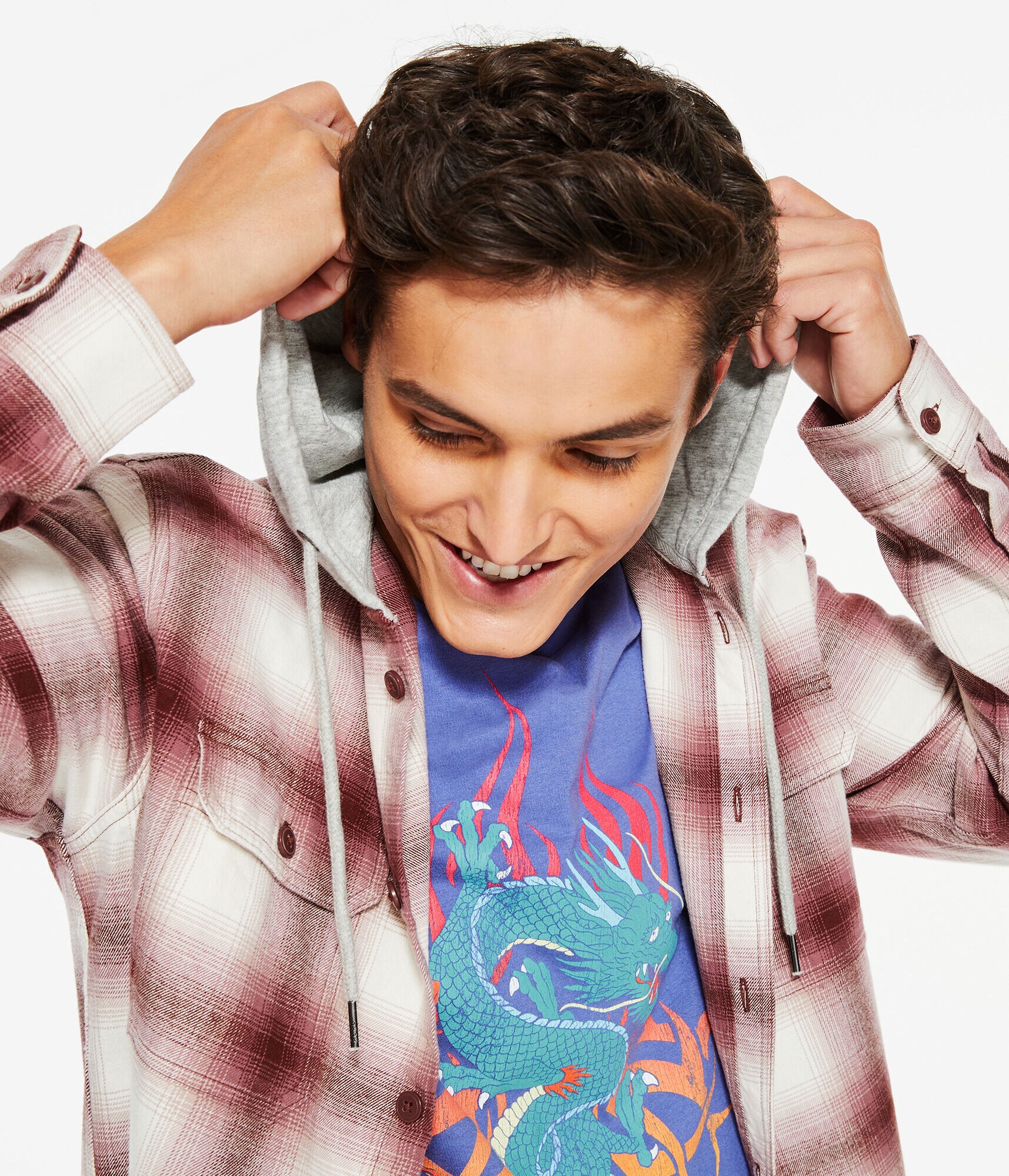 Long Sleeve Plaid Flannel Hooded Button-Down Shirt