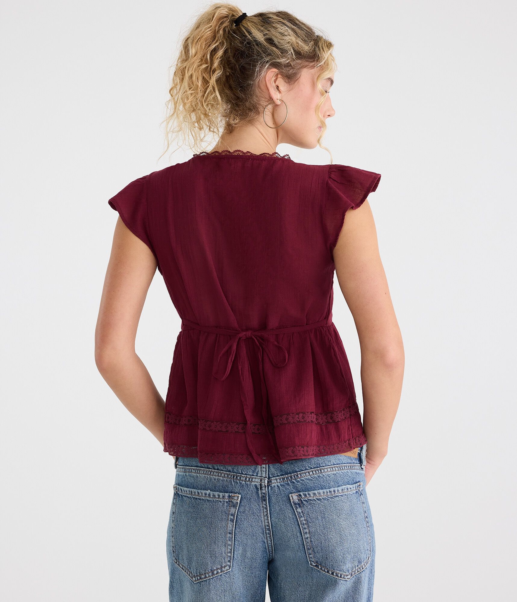 Lace &amp; Pintuck V-Neck Tie-Back Blouse