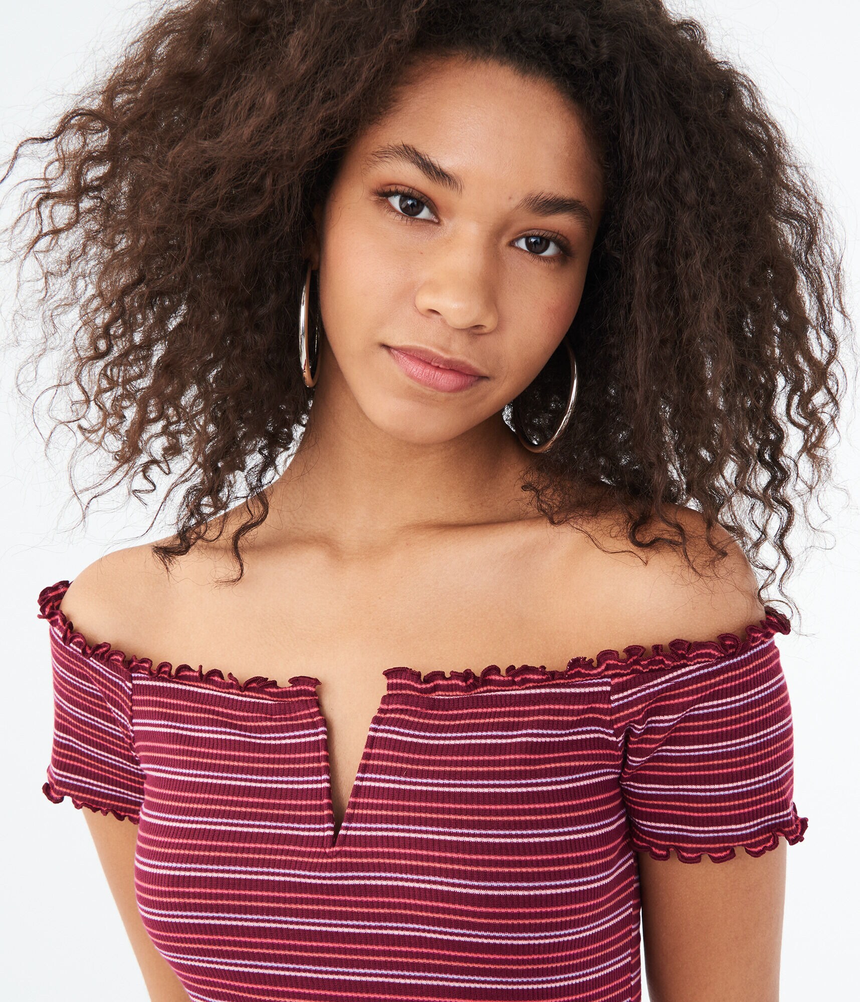 Striped Lettuce-Trim V-Wire Off-The-Shoulder Top