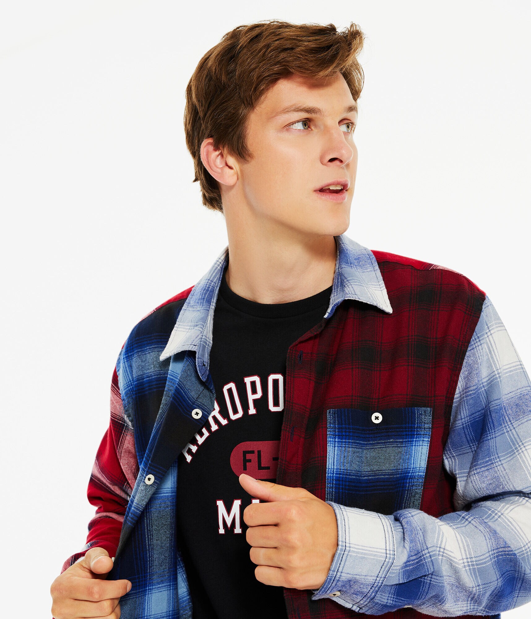 Long Sleeve Split Plaid Flannel Button-Down Shirt