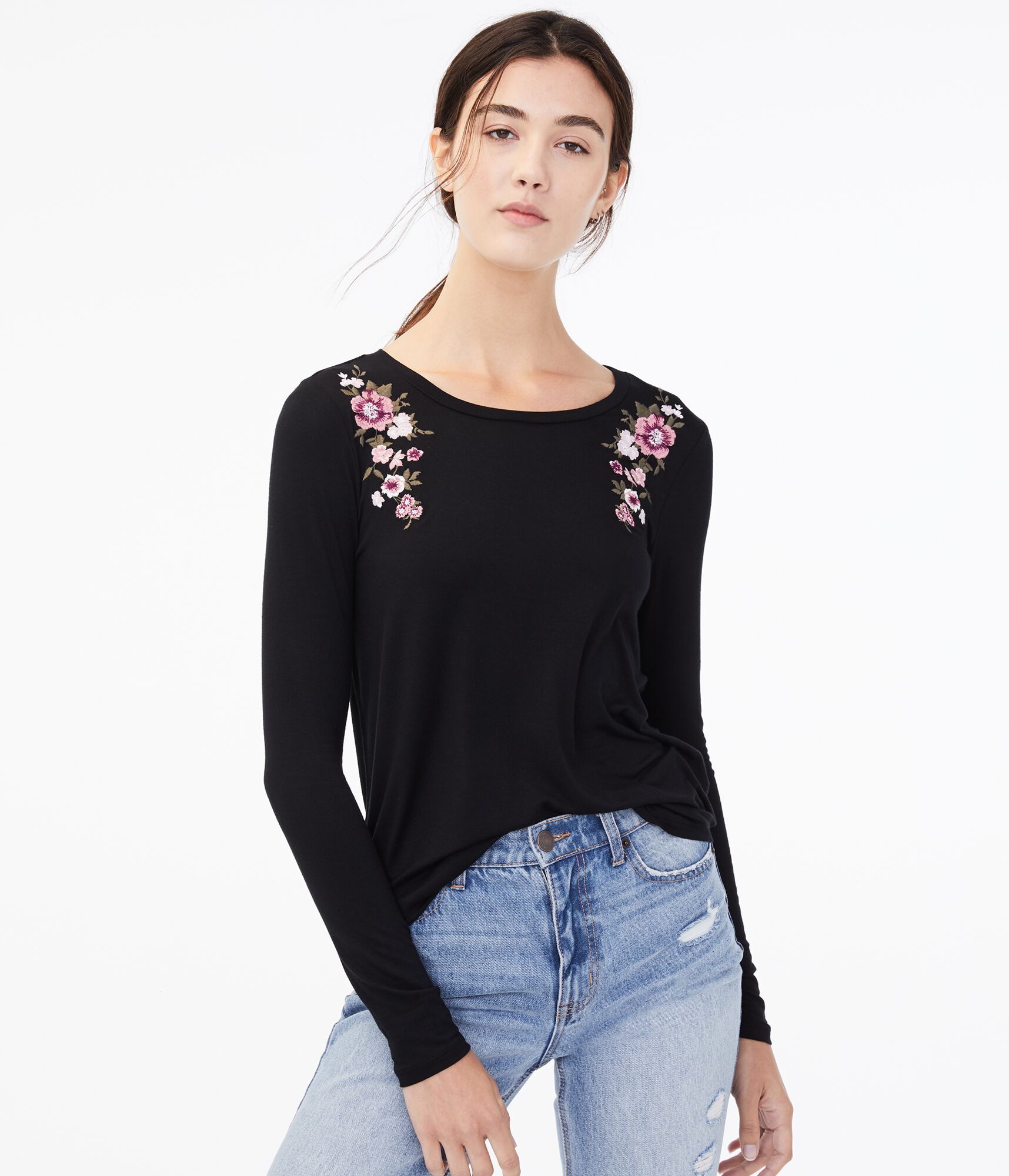 Long Sleeve Seriously Soft Floral Embroidered Crew Tee