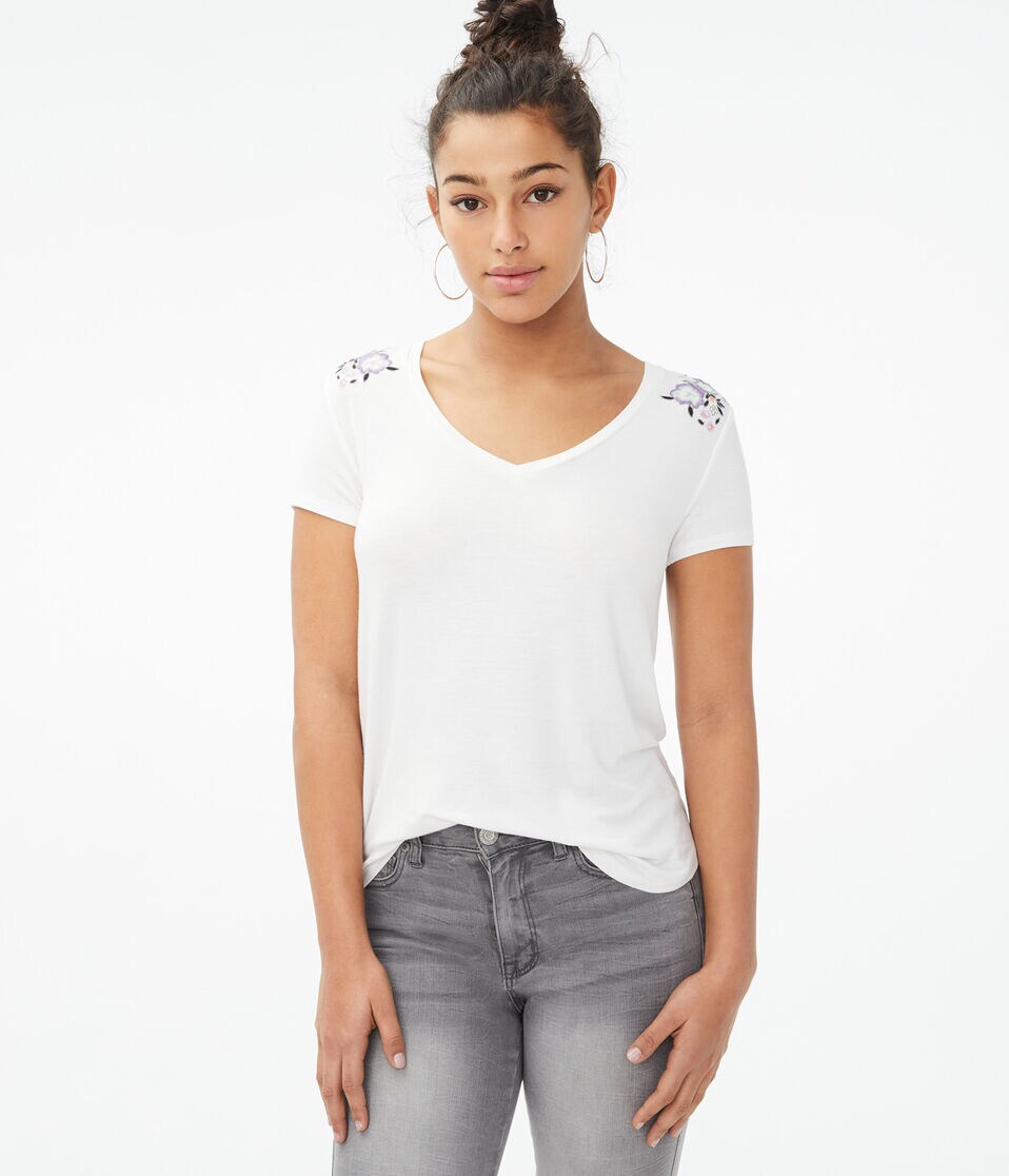 Seriously Soft Floral Embroidered V-Neck Tee