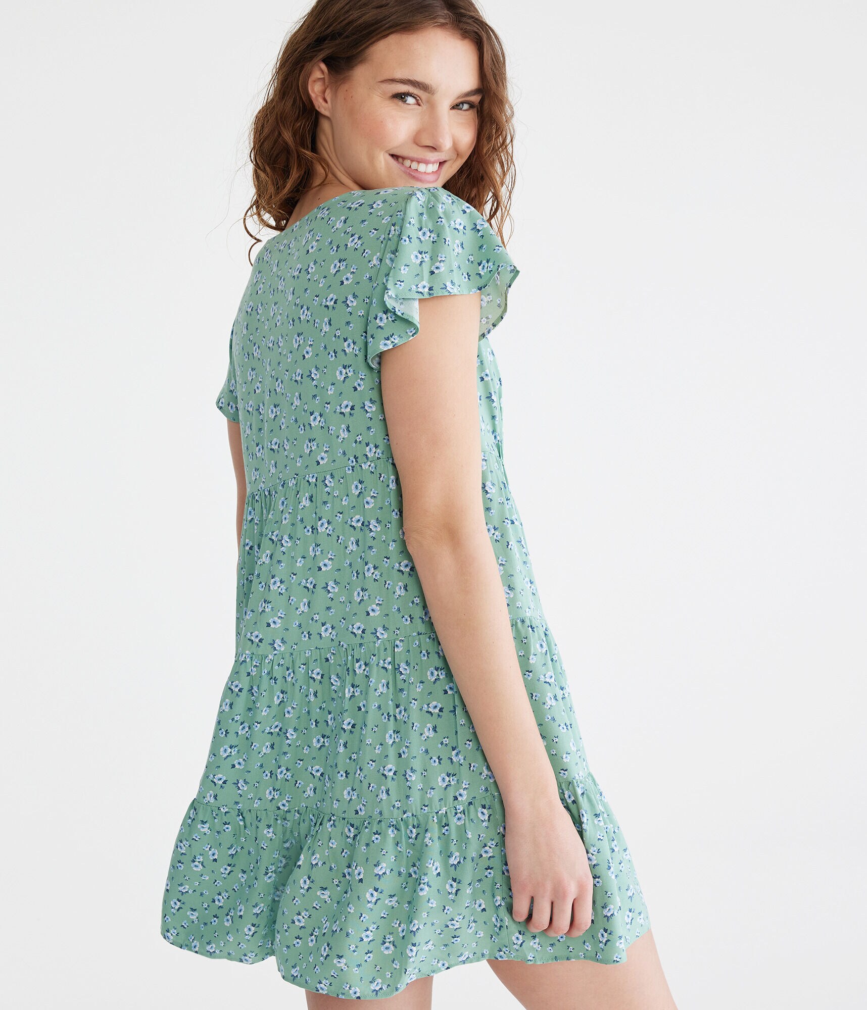 Floral Scoop-Neck Buttoned Babydoll Dress