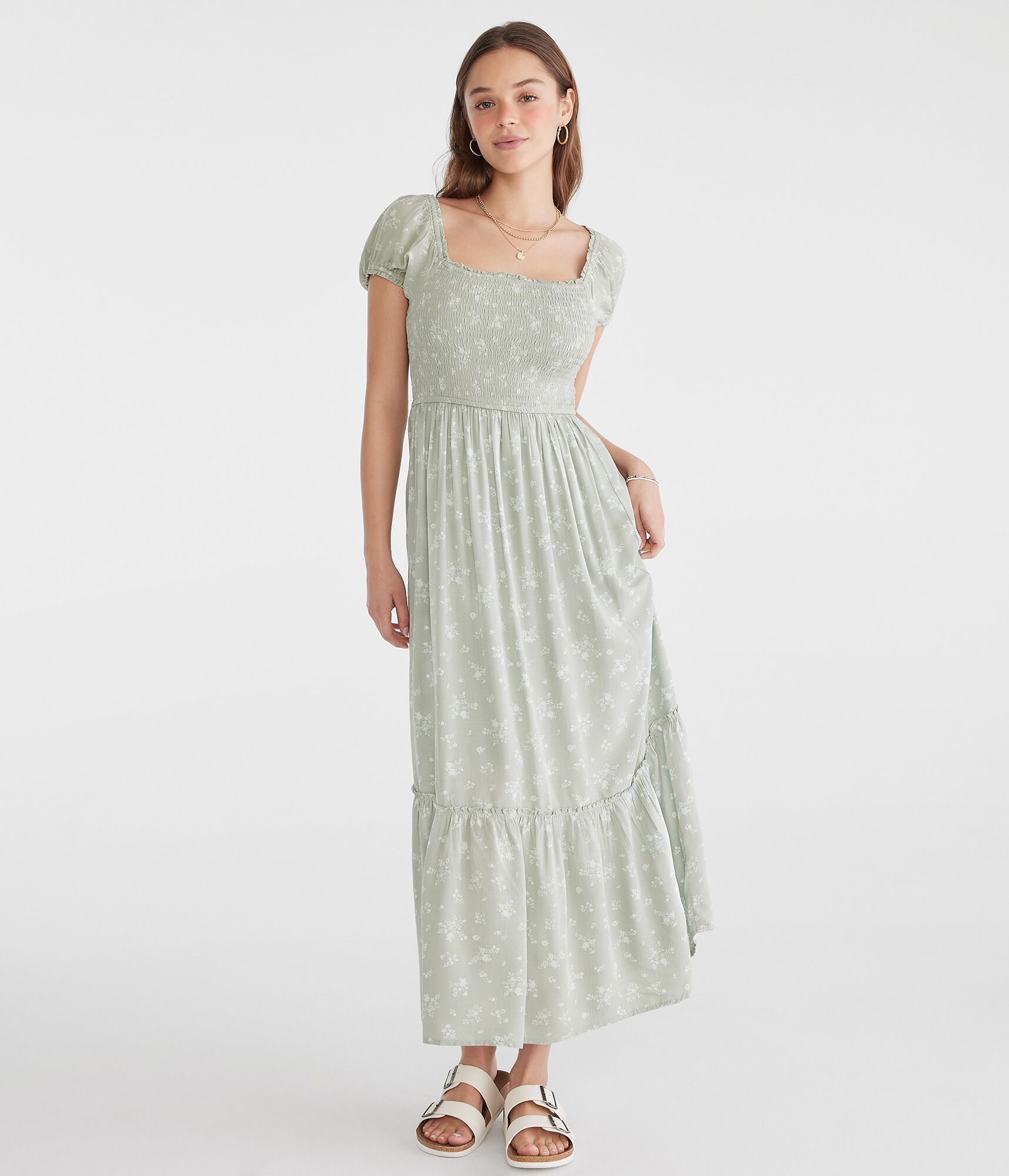 Floral Square-Neck Smocked Midi Dress