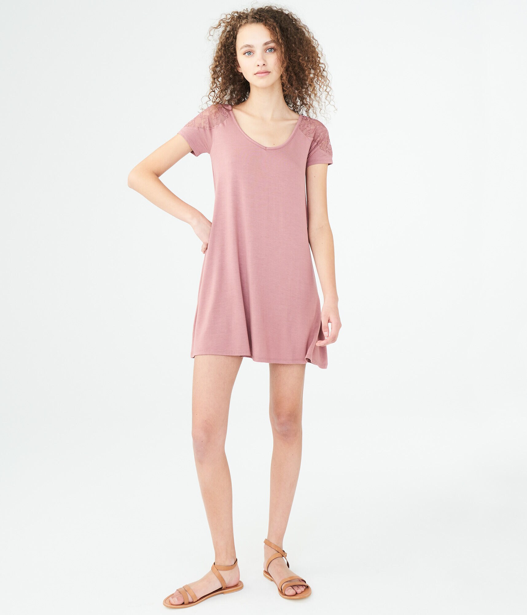 Solid V-Neck Lace-Shoulder Shift Dress