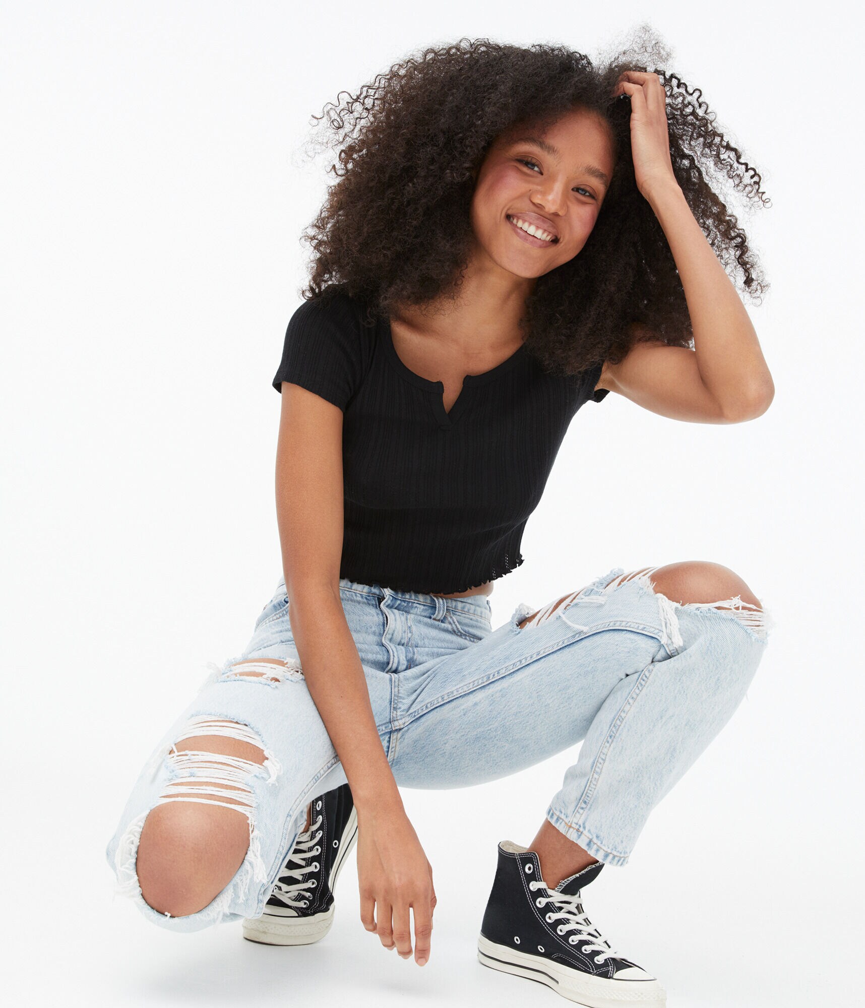 Pointelle Notch-Neck Shrunken Tee