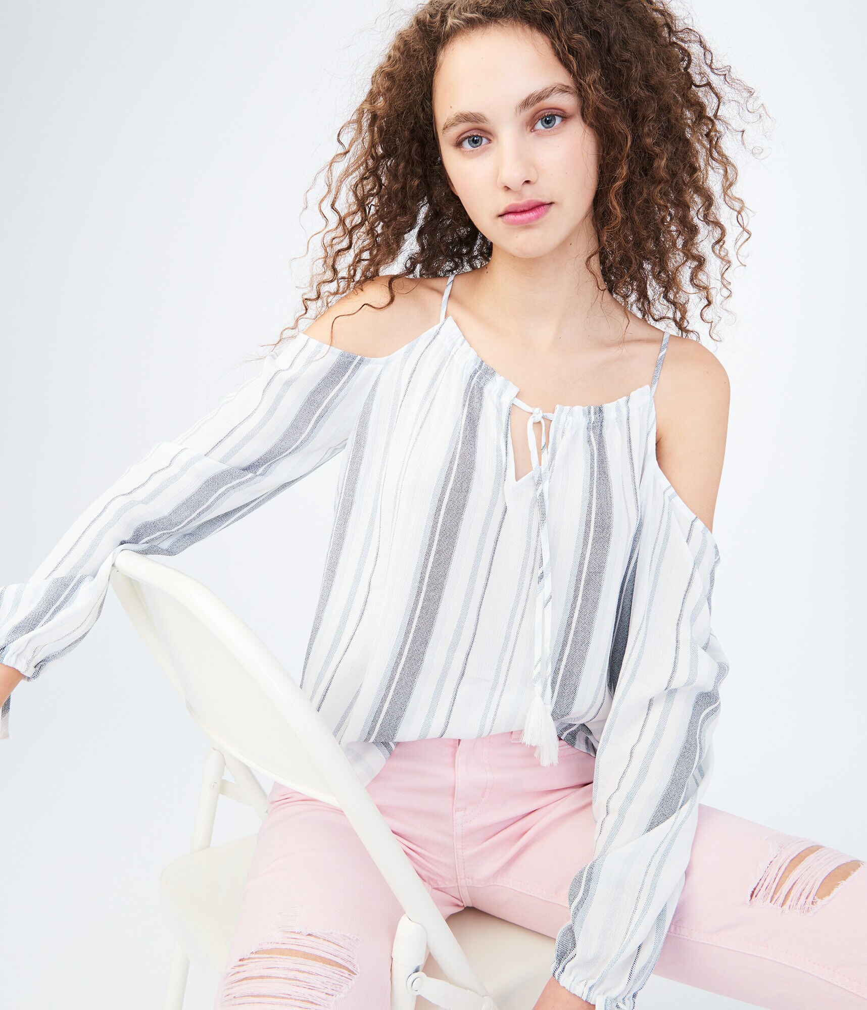 Long Sleeve Striped Cold-Shoulder Top