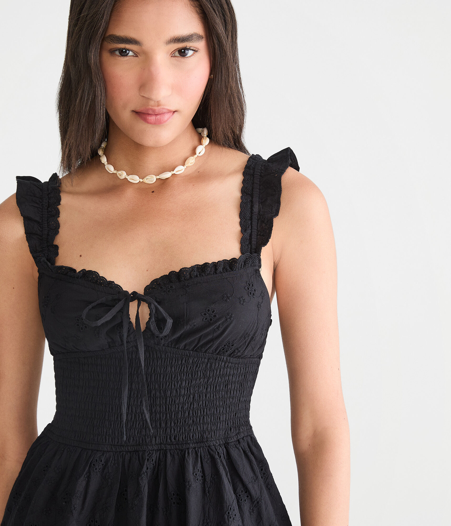 Solid Sweetheart Eyelet Ruffle Mini Dress