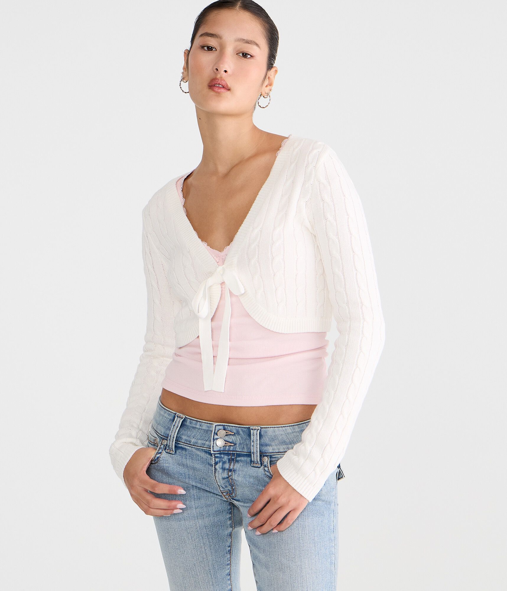 Long Sleeve Cable Tie-Front Sweater Shrug