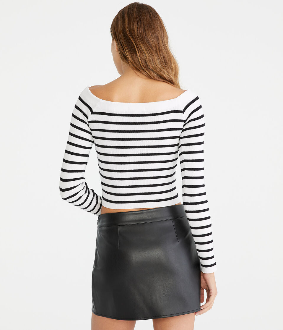 Thin Stripe Cropped Off-The-Shoulder Sweater