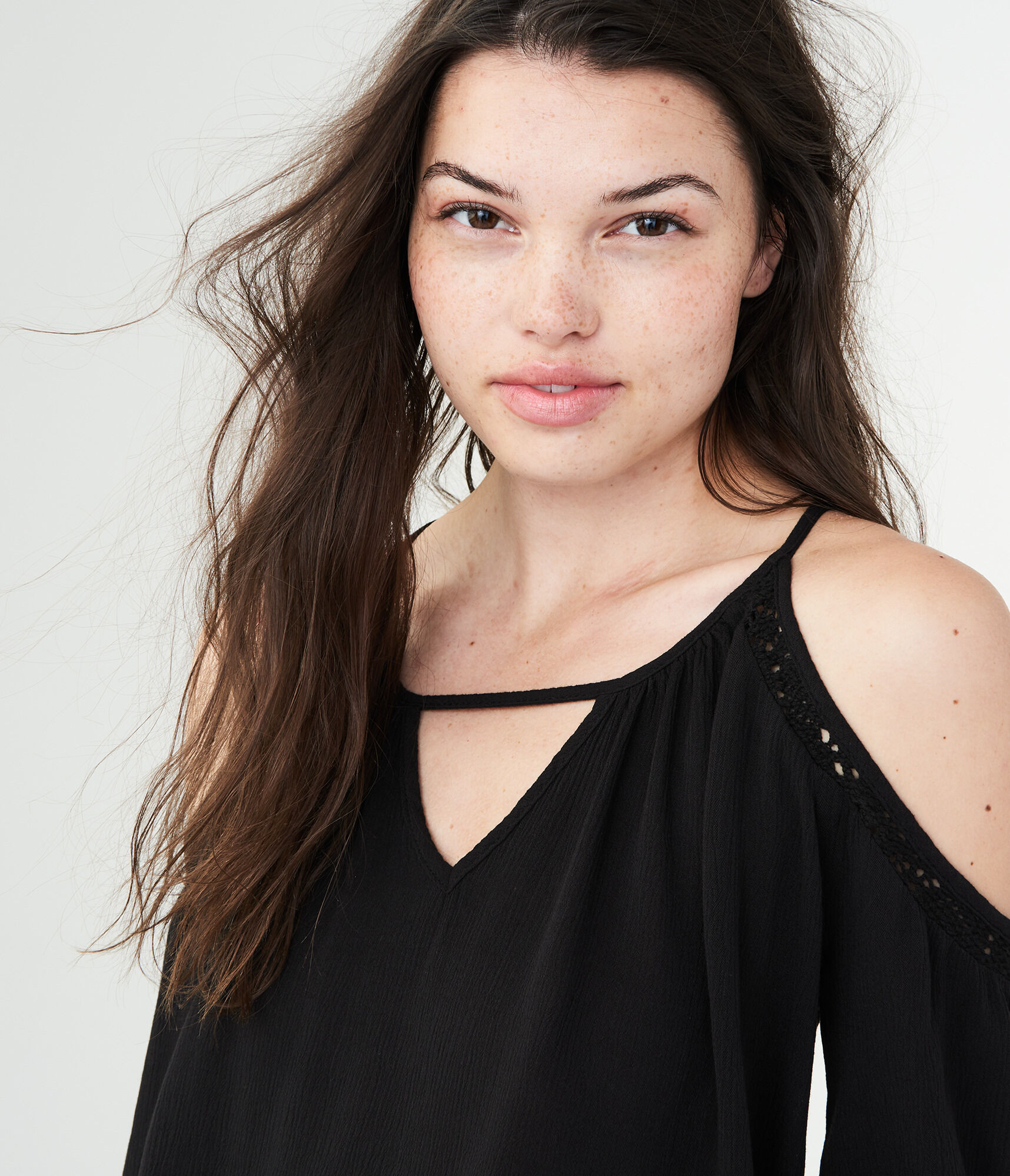 Long Sleeve Lace-Trim Cold-Shoulder Top