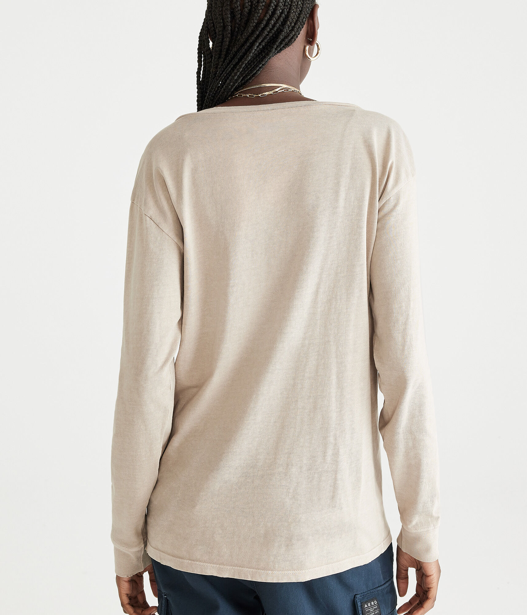 Long Sleeve Washed Loose Fit V-Neck Pocket Tee