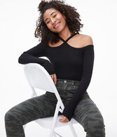 Long Sleeve Cold-Shoulder Diamond-Neck Bodycon Top