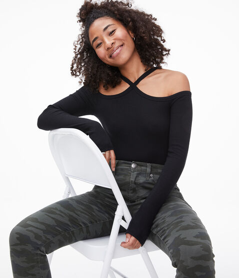 Long Sleeve Cold-Shoulder Diamond-Neck Bodycon Top Long Sleeve Cold-Shoulder Diamond-Neck Bodycon Top