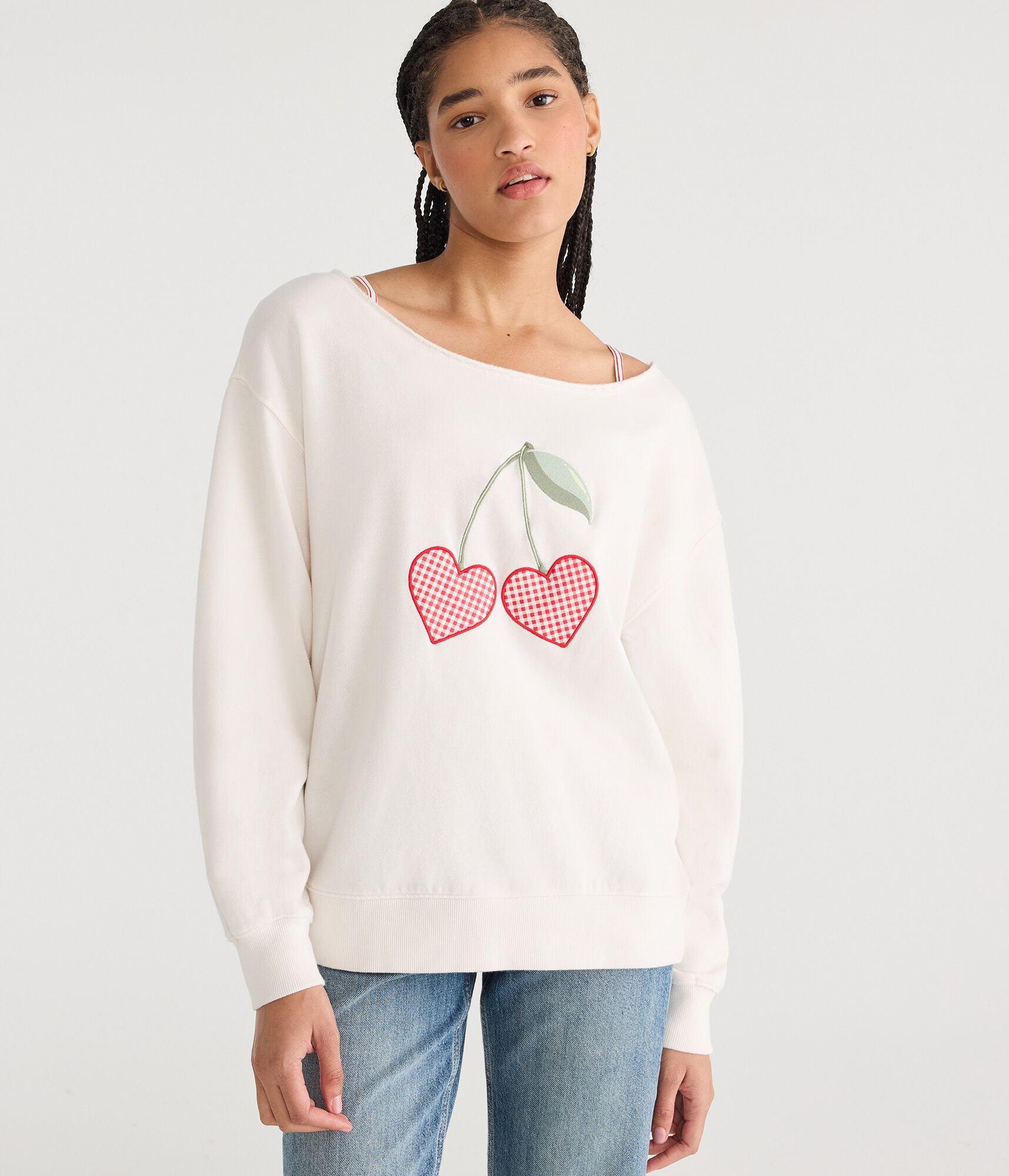 Cloud Soft Heart Cherries Oversized Off-The-Shoulder Sweatshirt